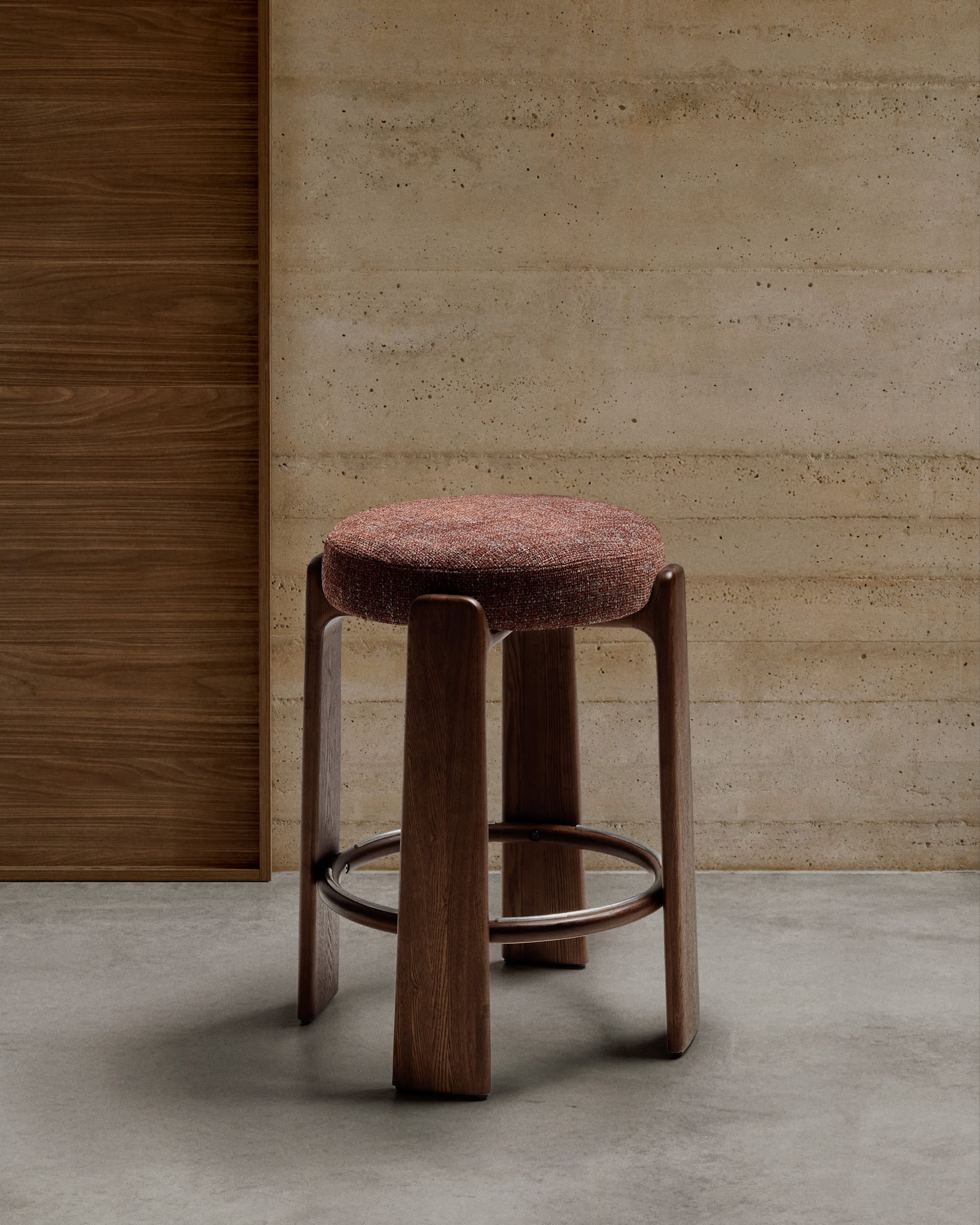 GRANITE brown chenille bar stool with a dark ash base