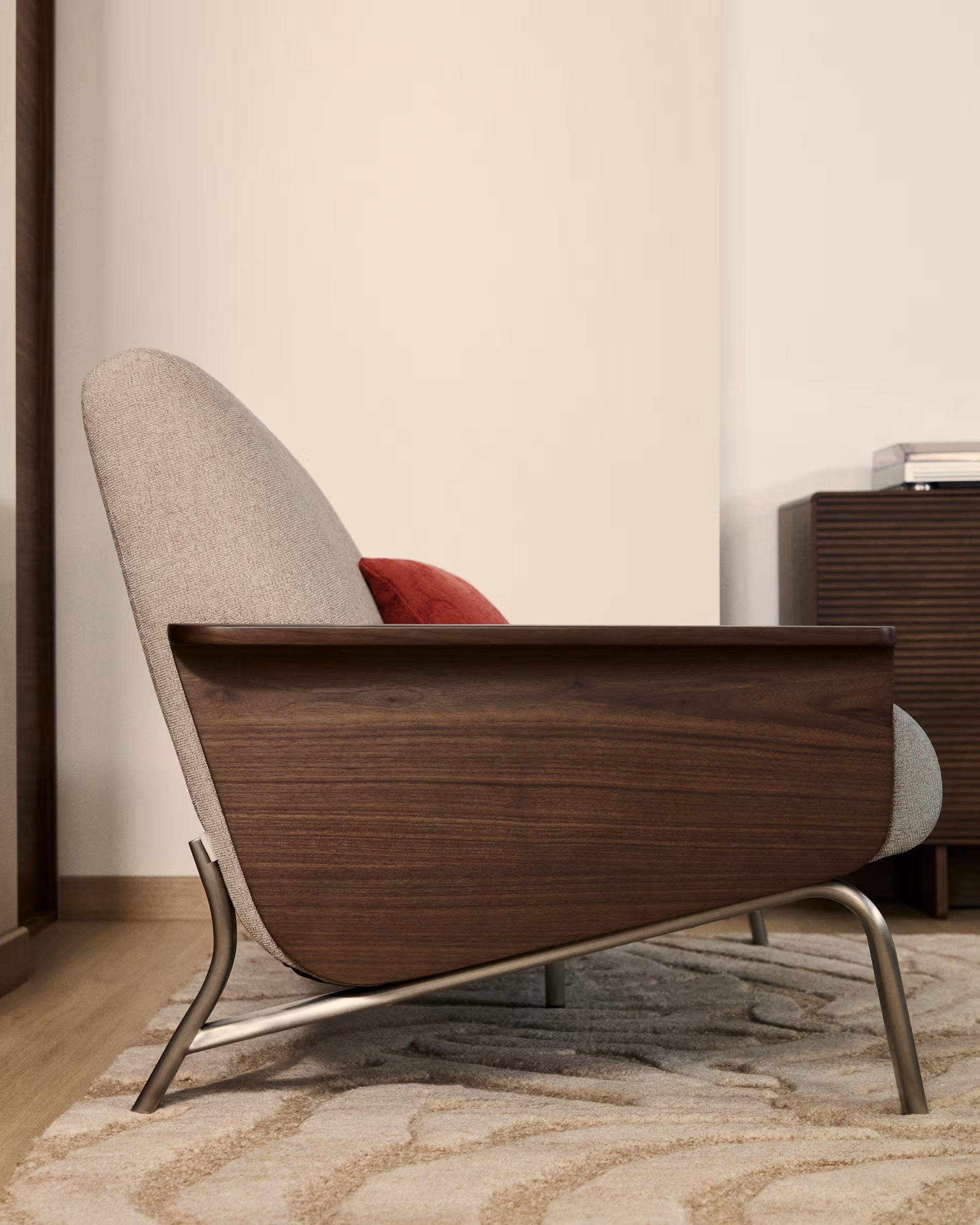 Sofa 2-sitzig AMSEN hellbraun mit Nussbaum-Sperrholz und Stahlbasis