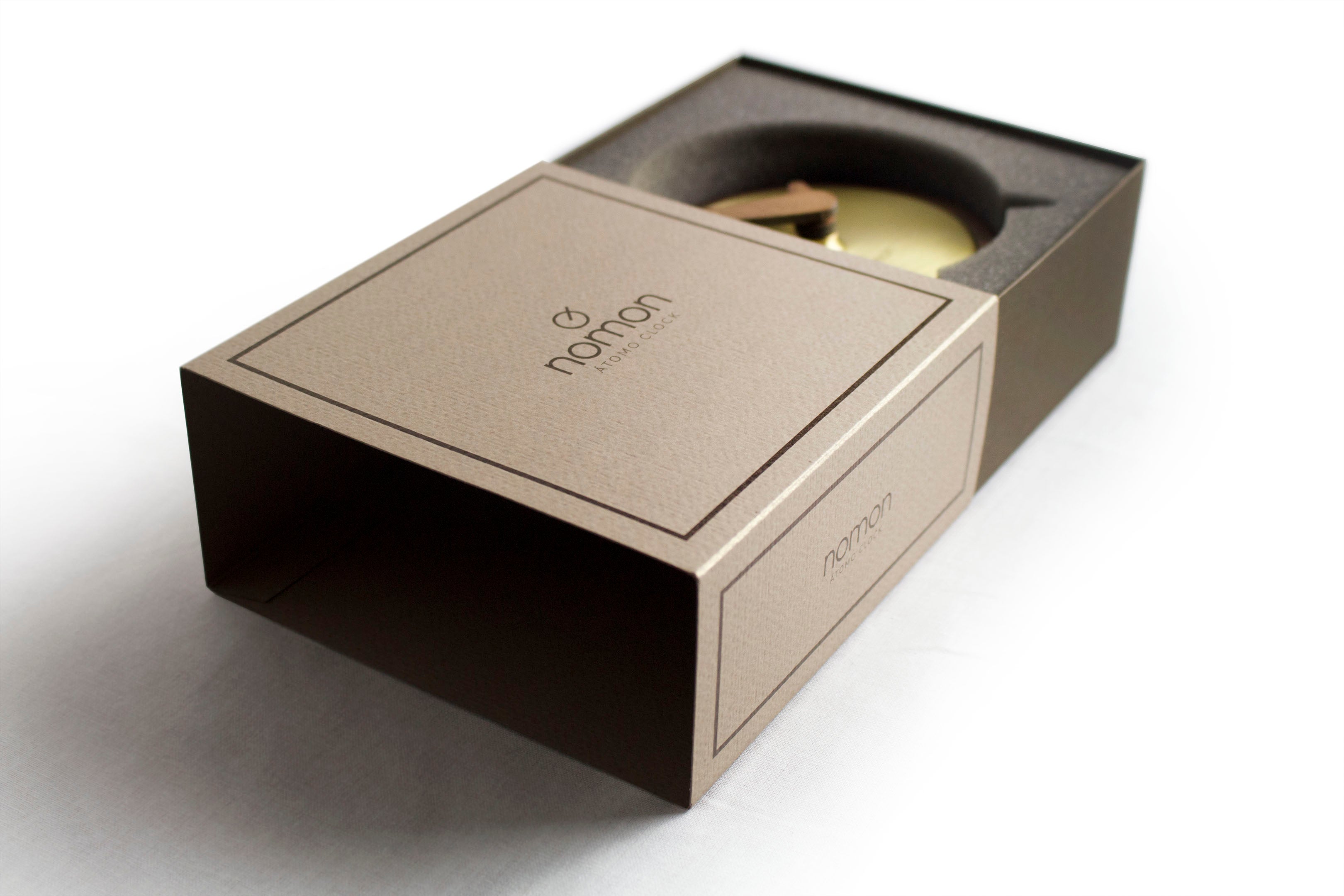 ATOMO walnut wood table clock with brass finish