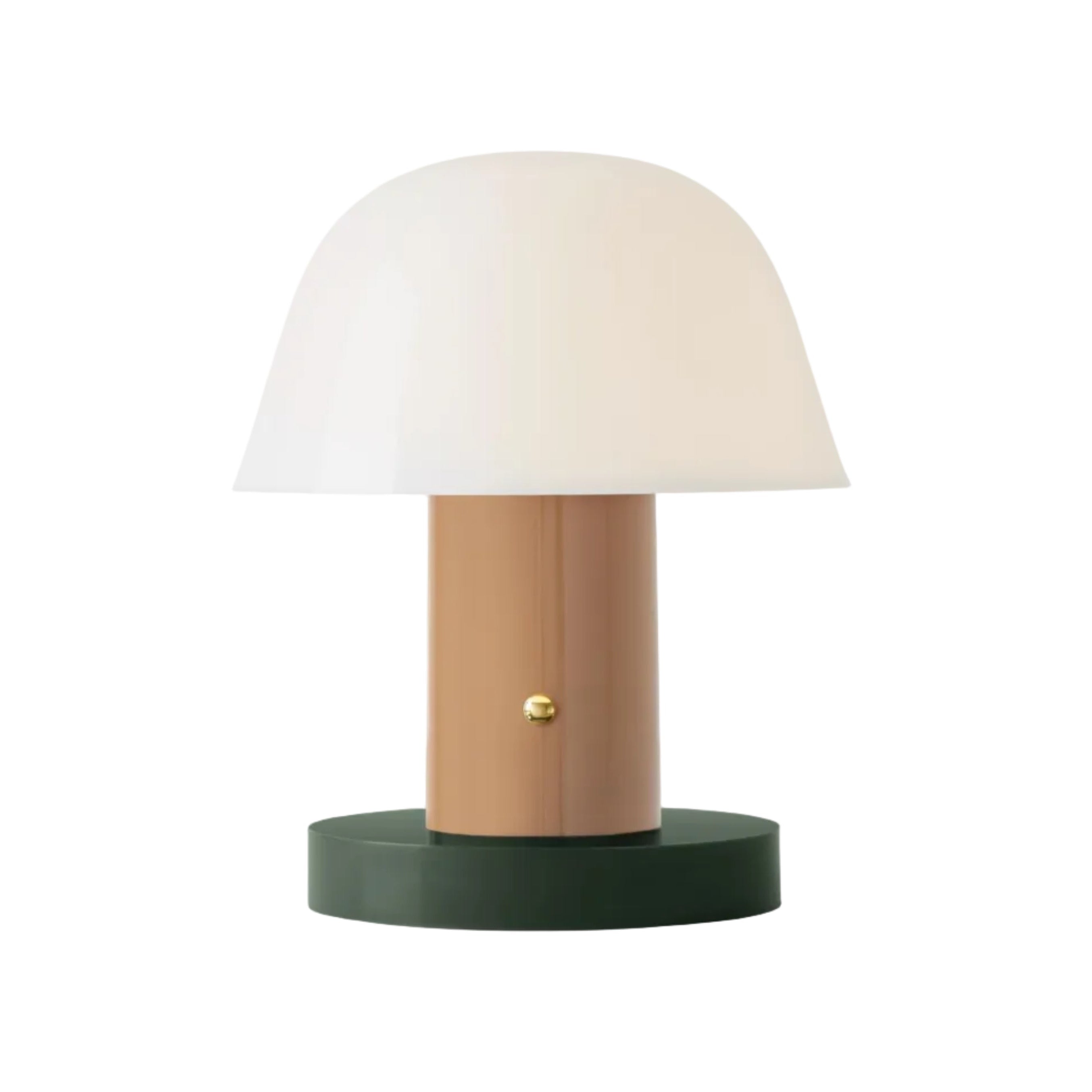 Tragbare Lampe SETAGO JH27 mit cremefarbenem Schirm und beige-grünem Fuß.