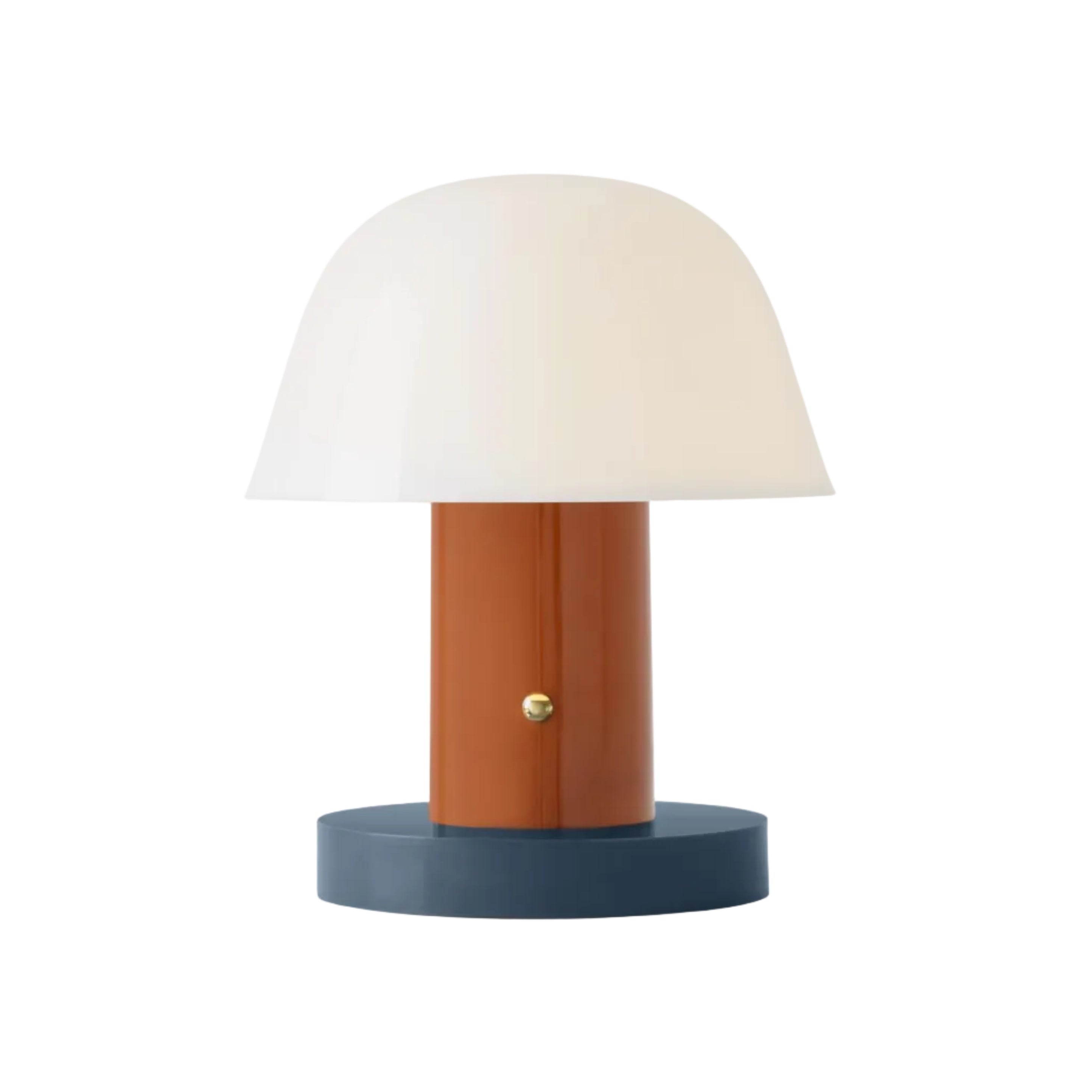 Tragbare Lampe SETAGO JH27 mit cremefarbenem Schirm und orange-blauem Fuß.