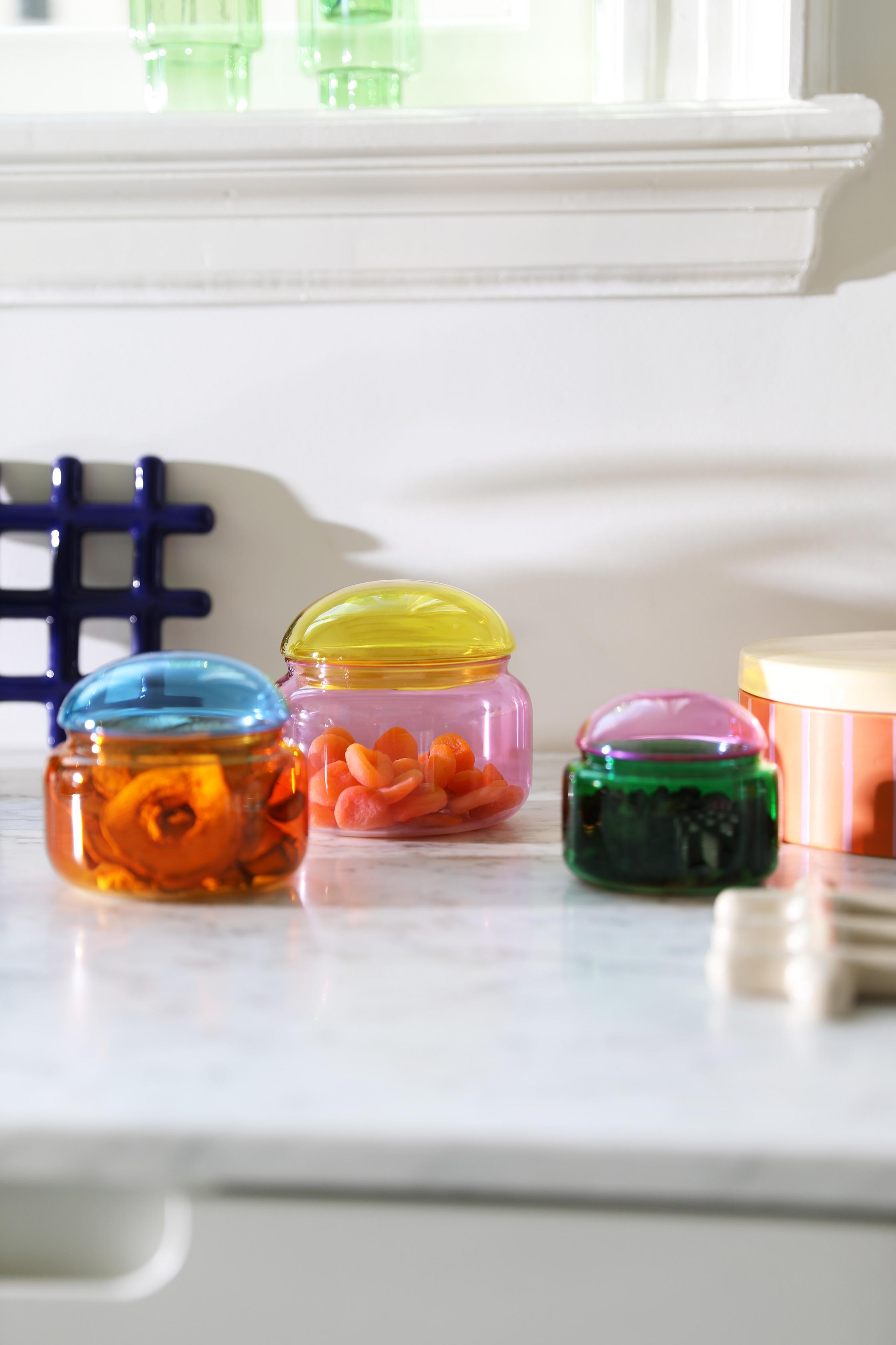 Glasbehälter PUFFY grün mit rosa Deckel