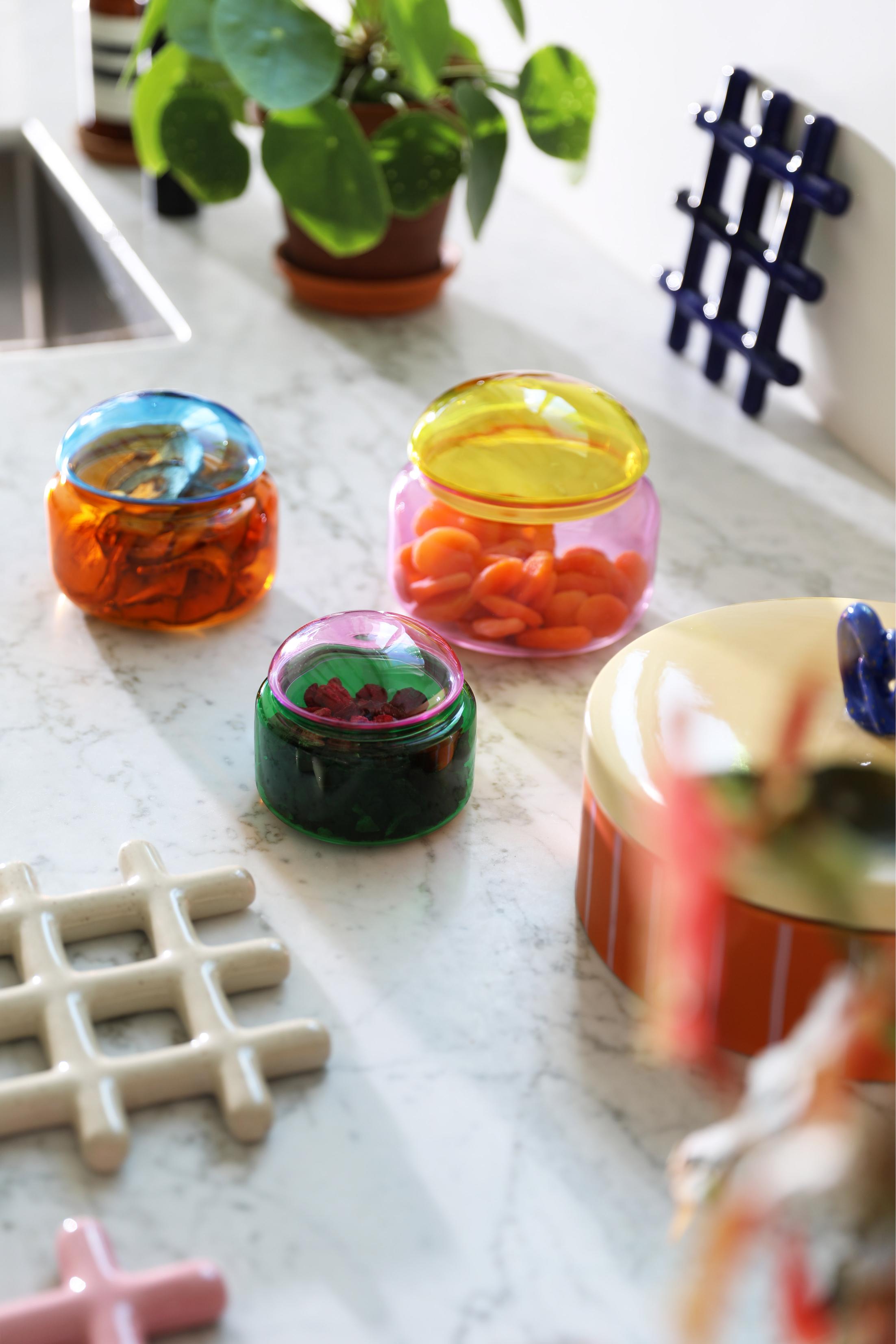 Glasbehälter PUFFY grün mit rosa Deckel