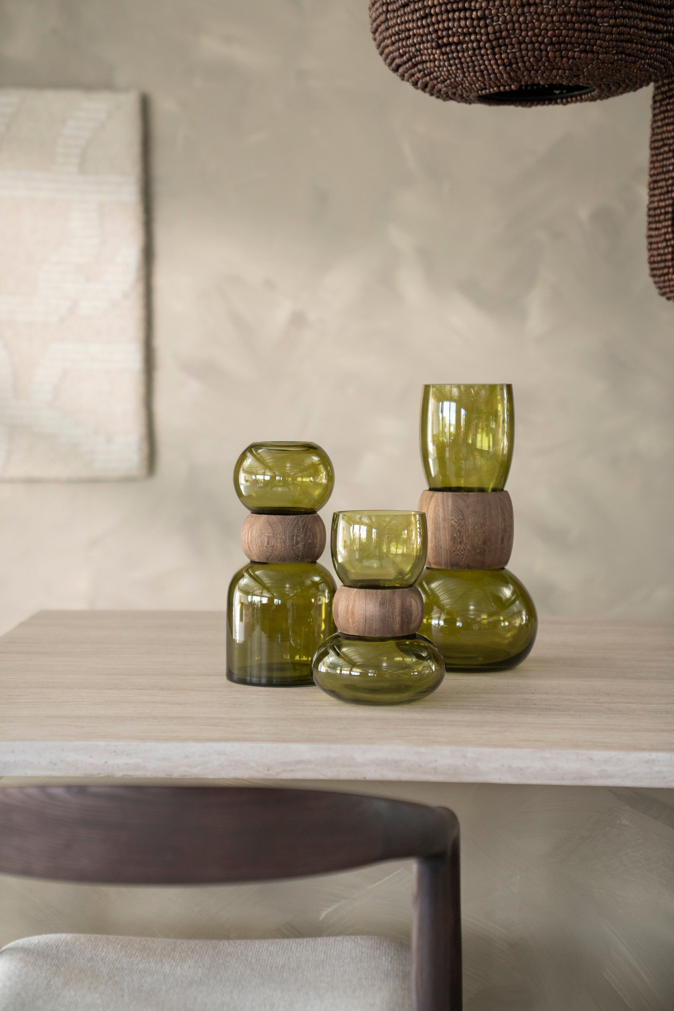 Vase VERRA beige Glas mit Holz