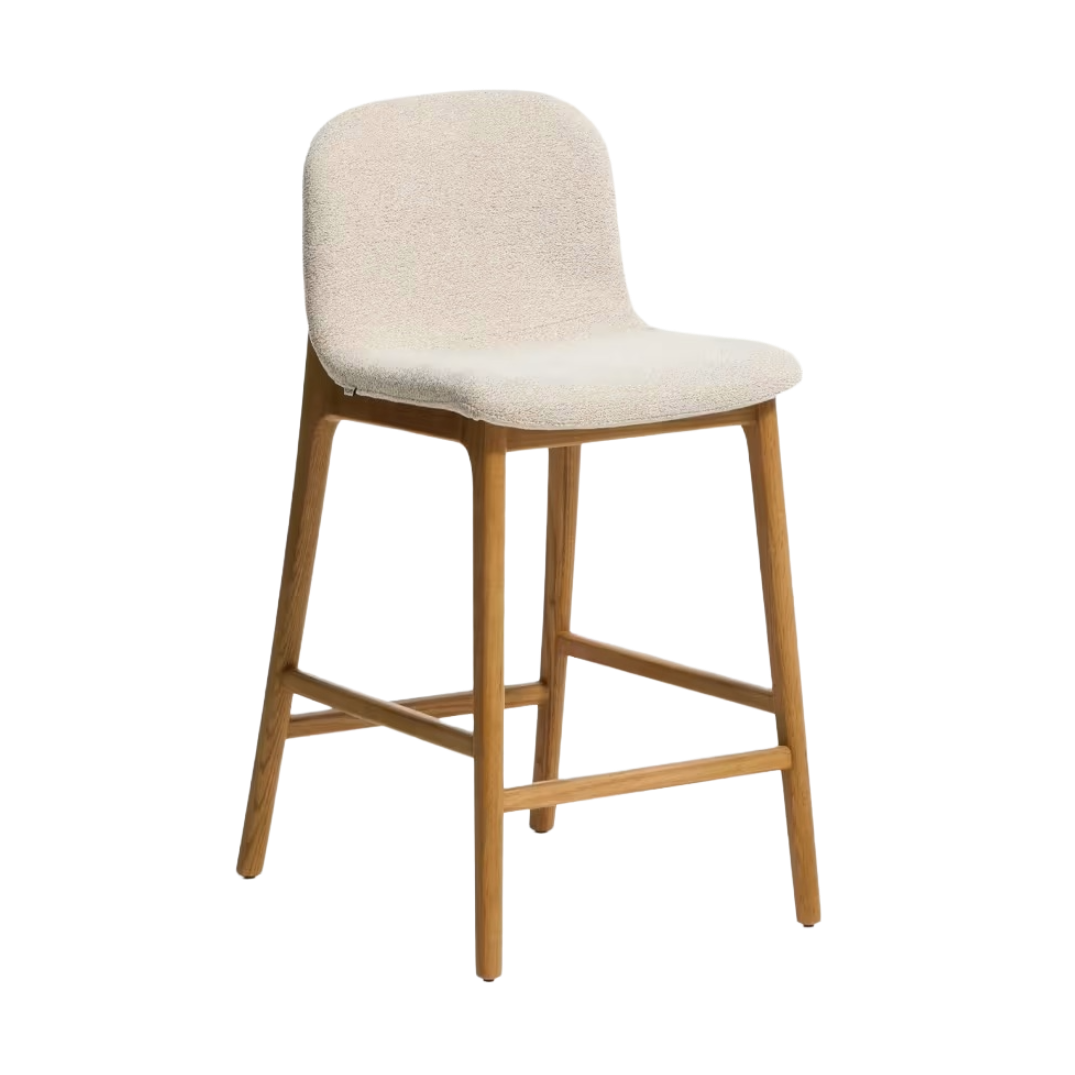 Hocker ELNOR in beigem Chenille mit Eichenbasis