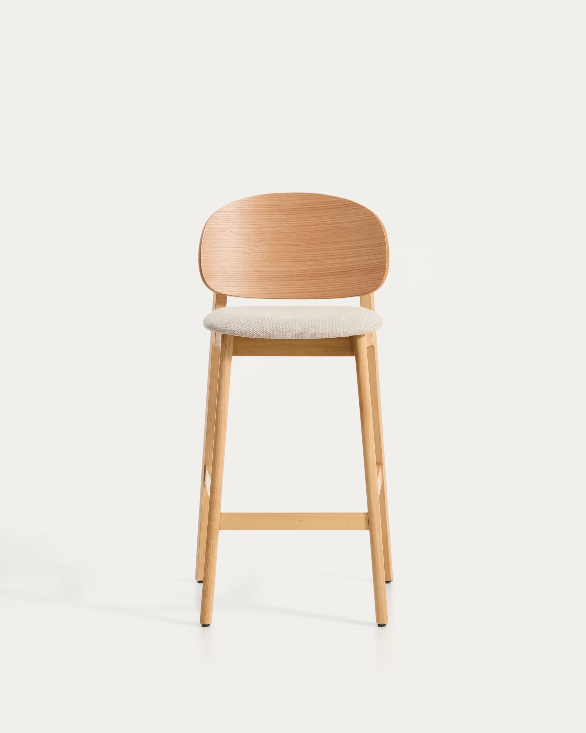 Barhocker LUDARA in beigem Chenille mit furniertem Eichenfuß