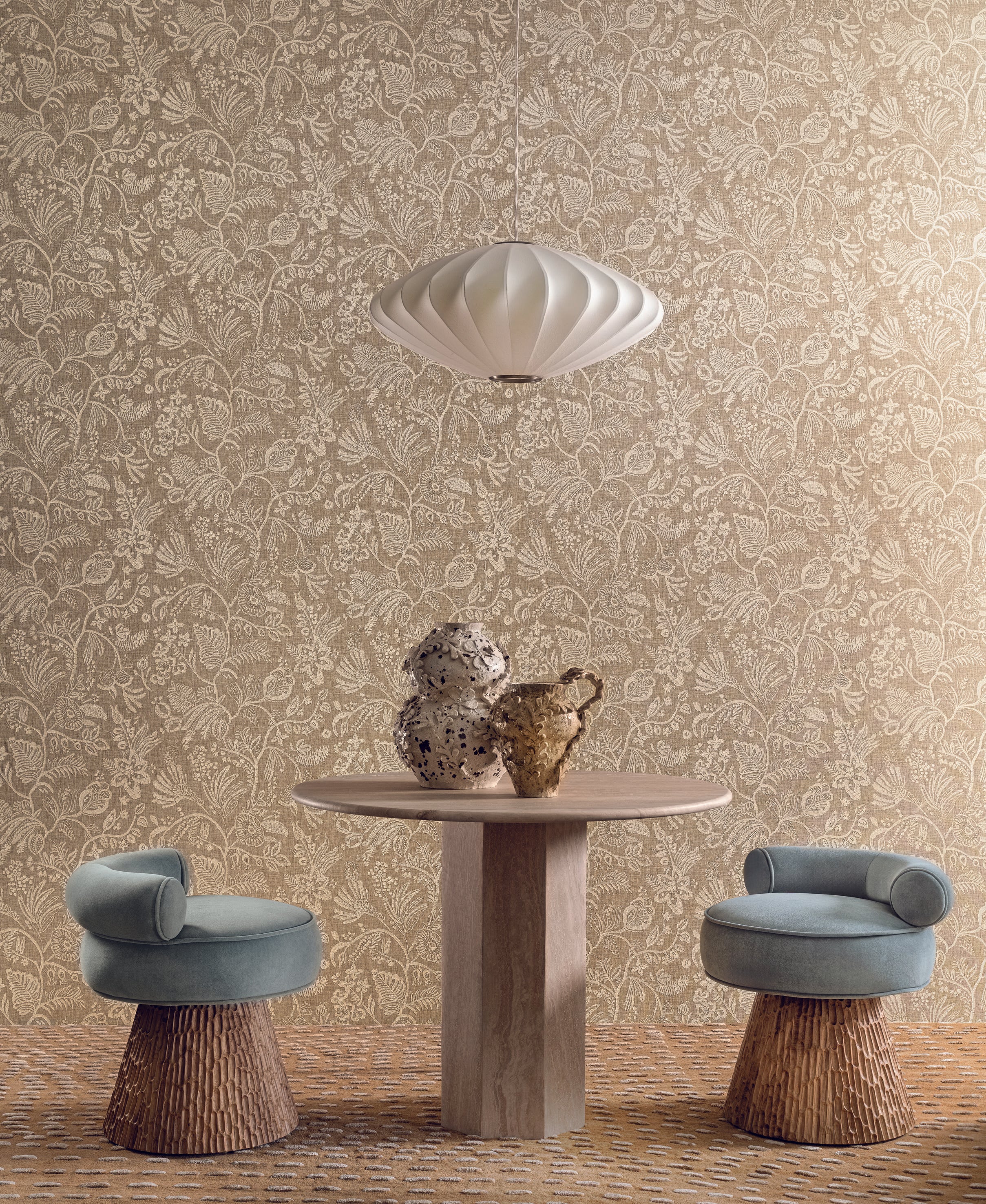 Structural wallpaper imitating embroidery with a floral and leaf pattern PASTEL dark brown