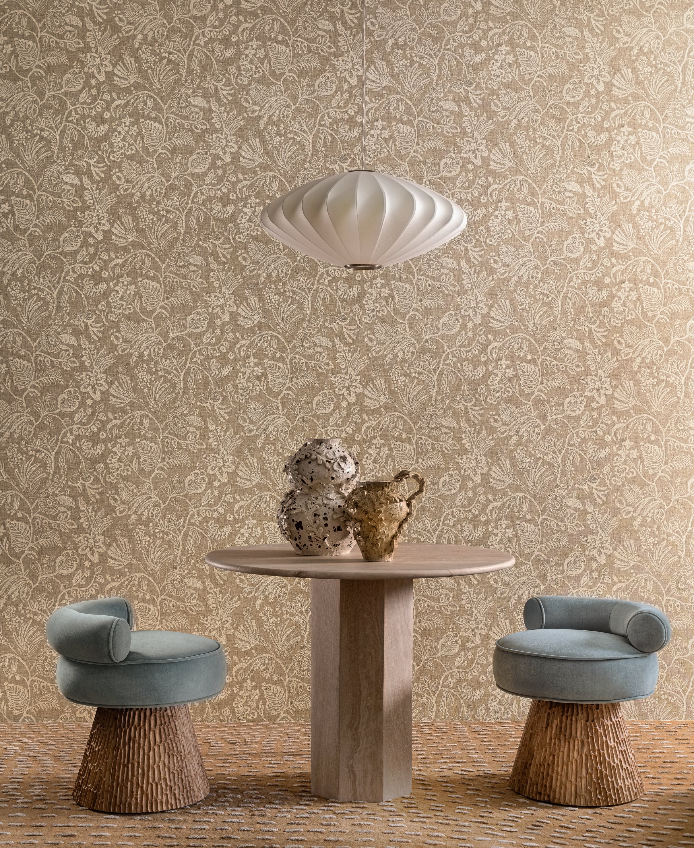 Structural wallpaper imitating embroidery with a floral and leaf pattern PASTEL - NUDE dark beige