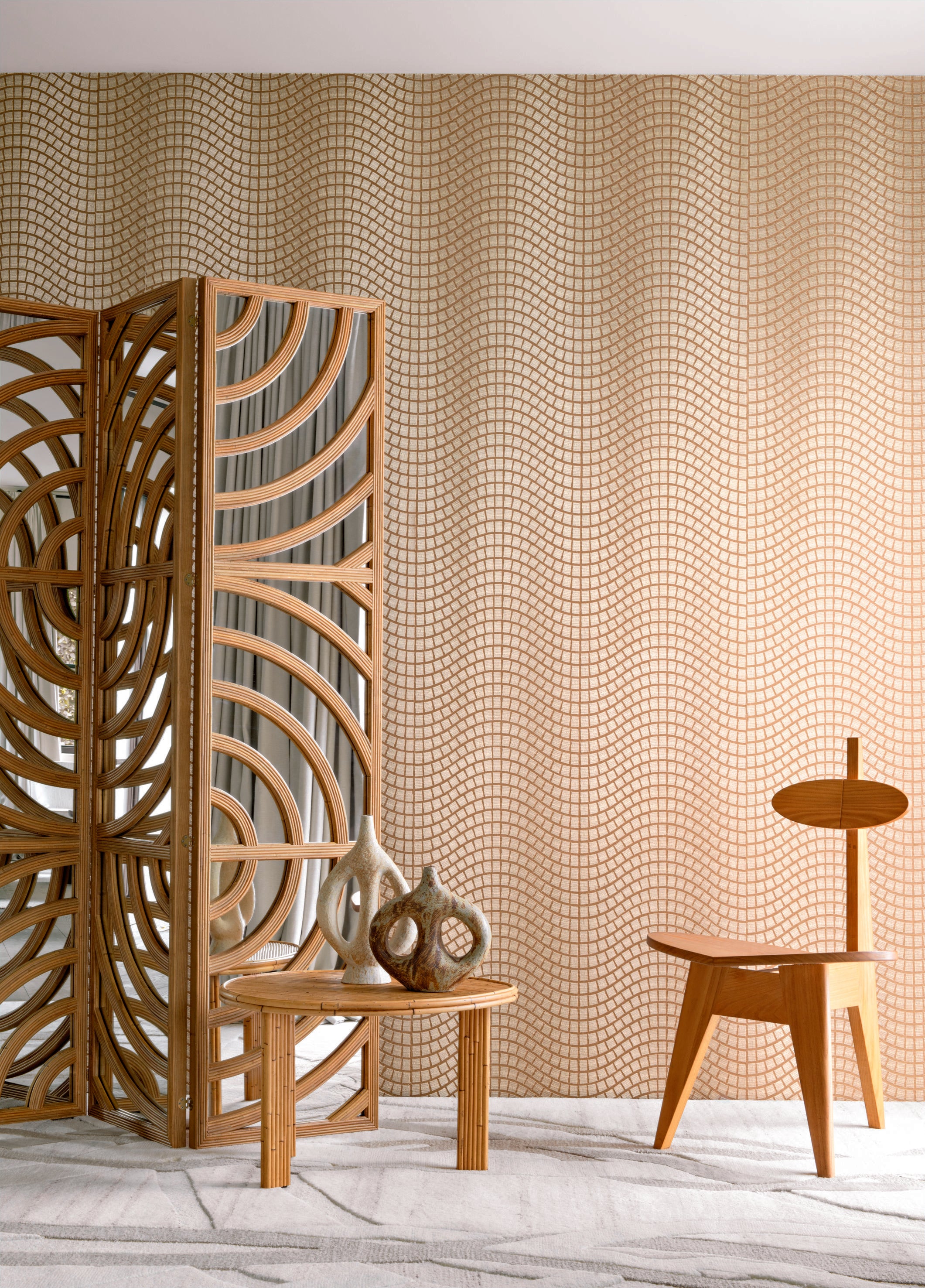Tapete aus Pflanzenfaser mit geometrischem Muster ONSEN - IVORY WHITE Elfenbein mit Weiß