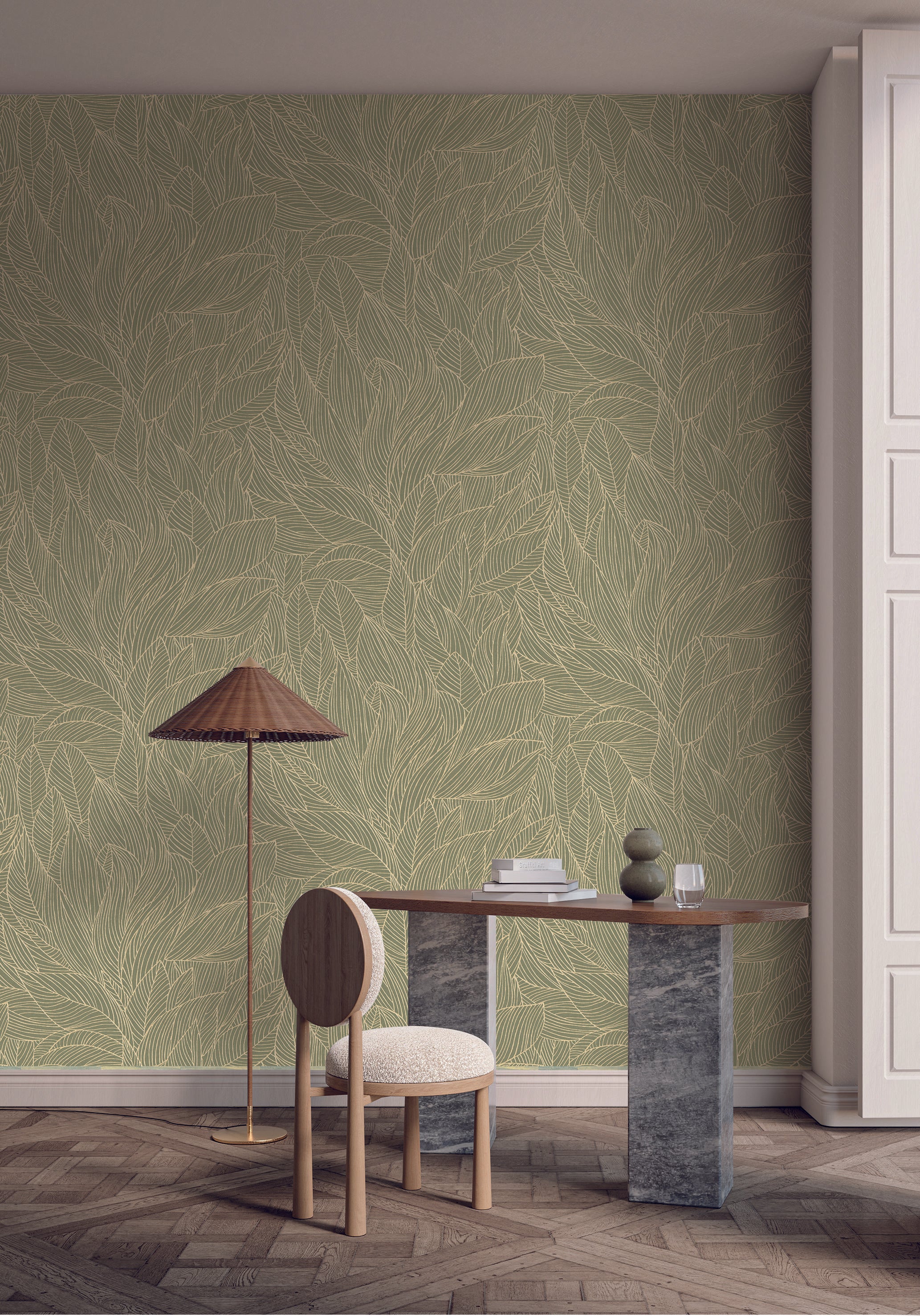 Wallpaper with a plant motif of leaves featuring a metallic effect HOSTA - SAGE/GOLD sage green with gold