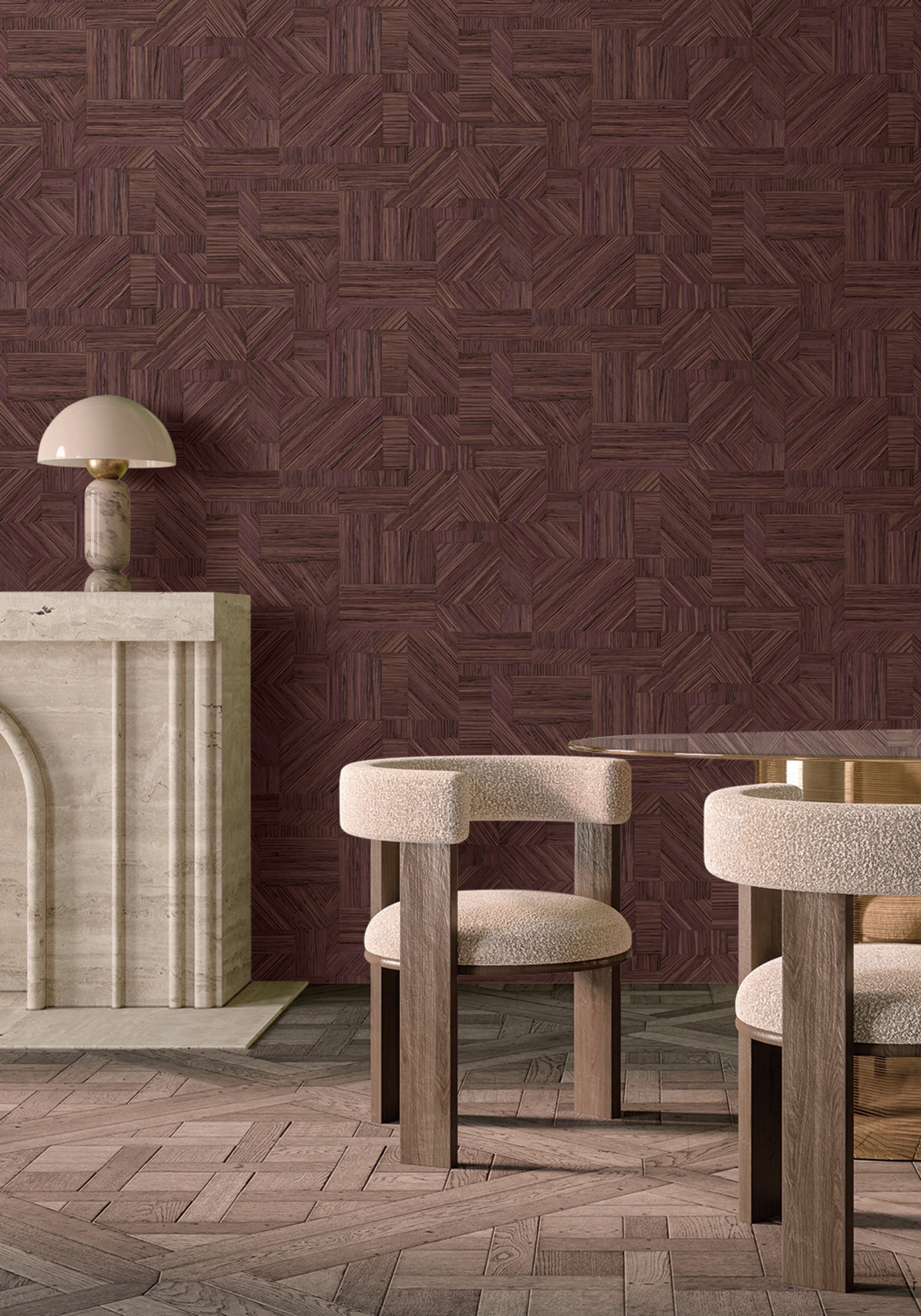 Geometrische Struktur-Tapete, die einen strohähnlichen Patchwork-Look imitiert - IMBRICATION - PRUNE burgunderrot