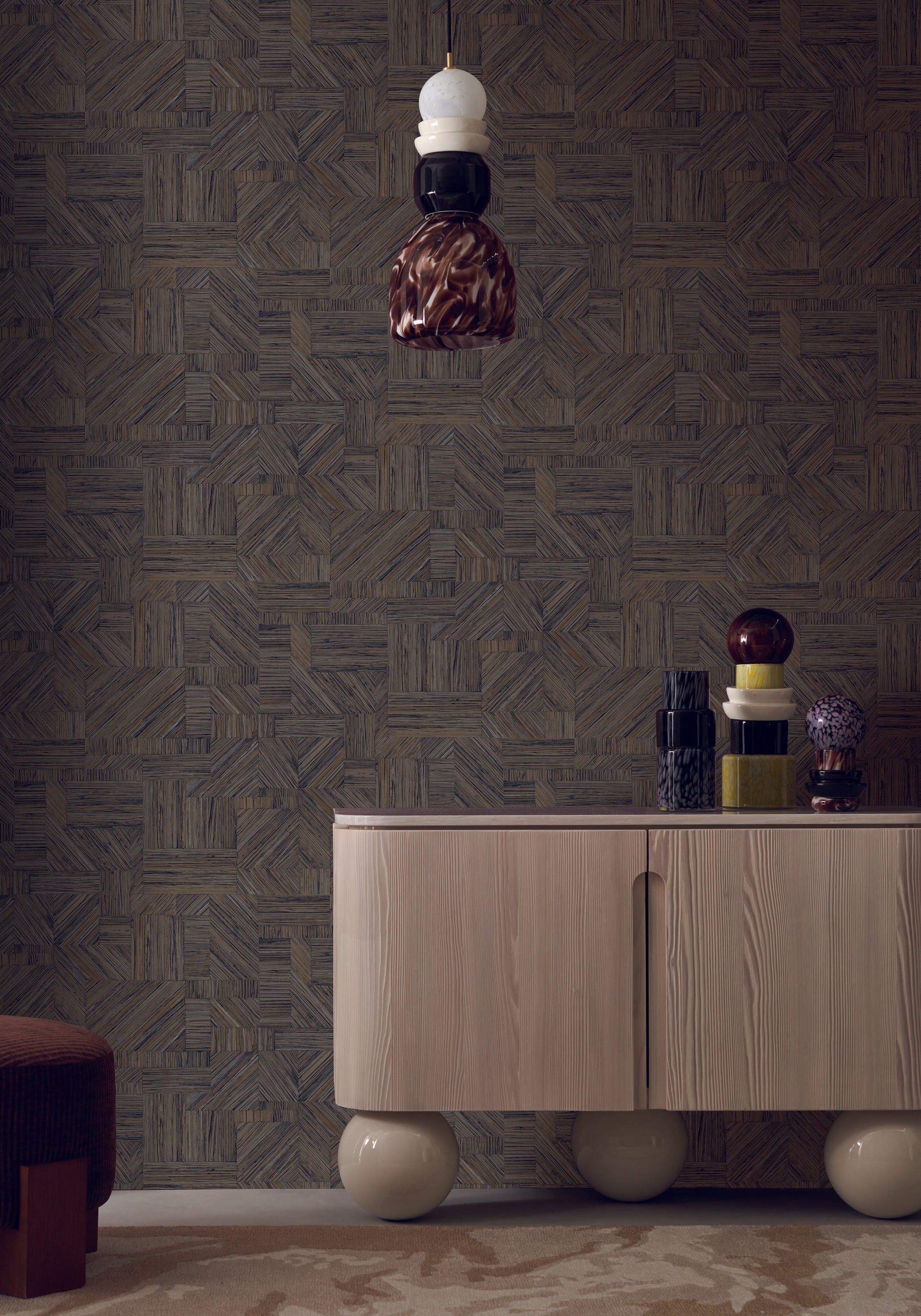 Geometric Structural Wallpaper Imitating Straw Patchwork IMBRICATION - ÉBÈNE Ebony