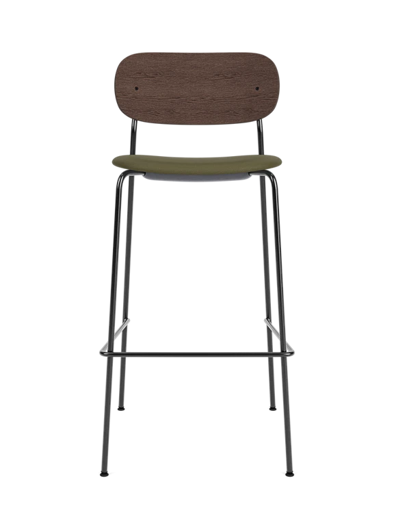 Dark oak veneer stool with upholstered green seat