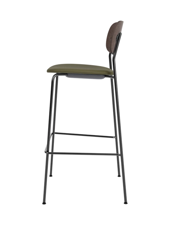 Dark oak veneer stool with upholstered green seat