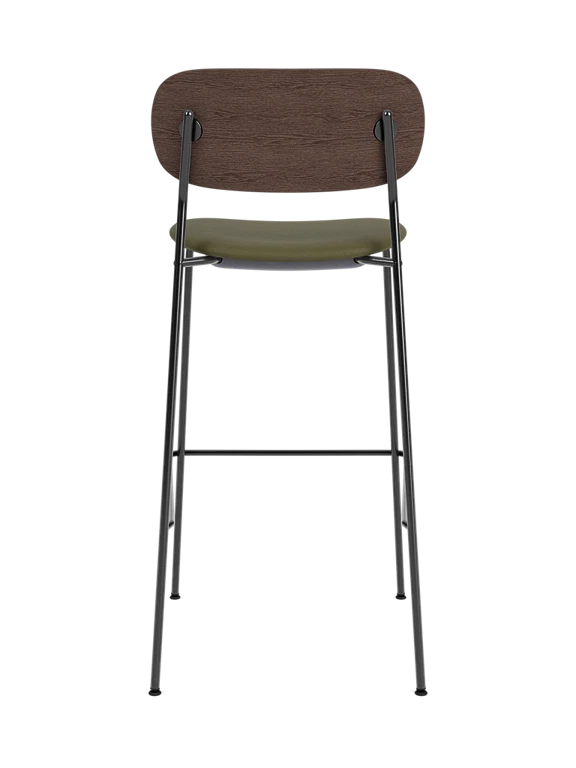 Dark oak veneer stool with upholstered green seat