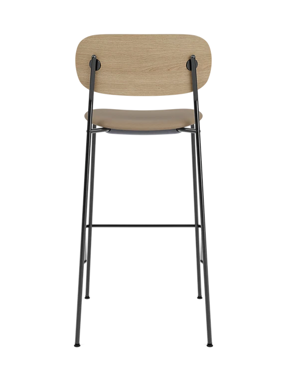 Oak bar stool with upholstered beige seat