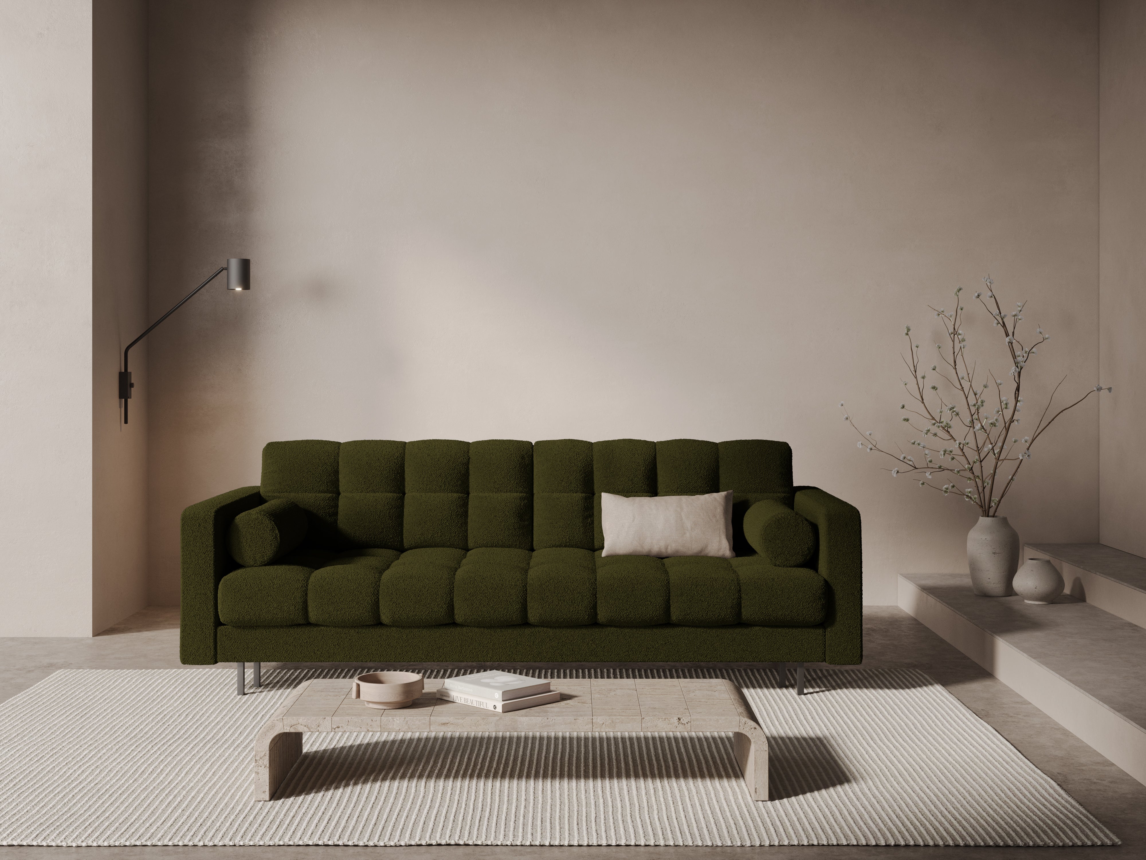 3-seater sofa with sleeping function BALI olive bouclé with black base