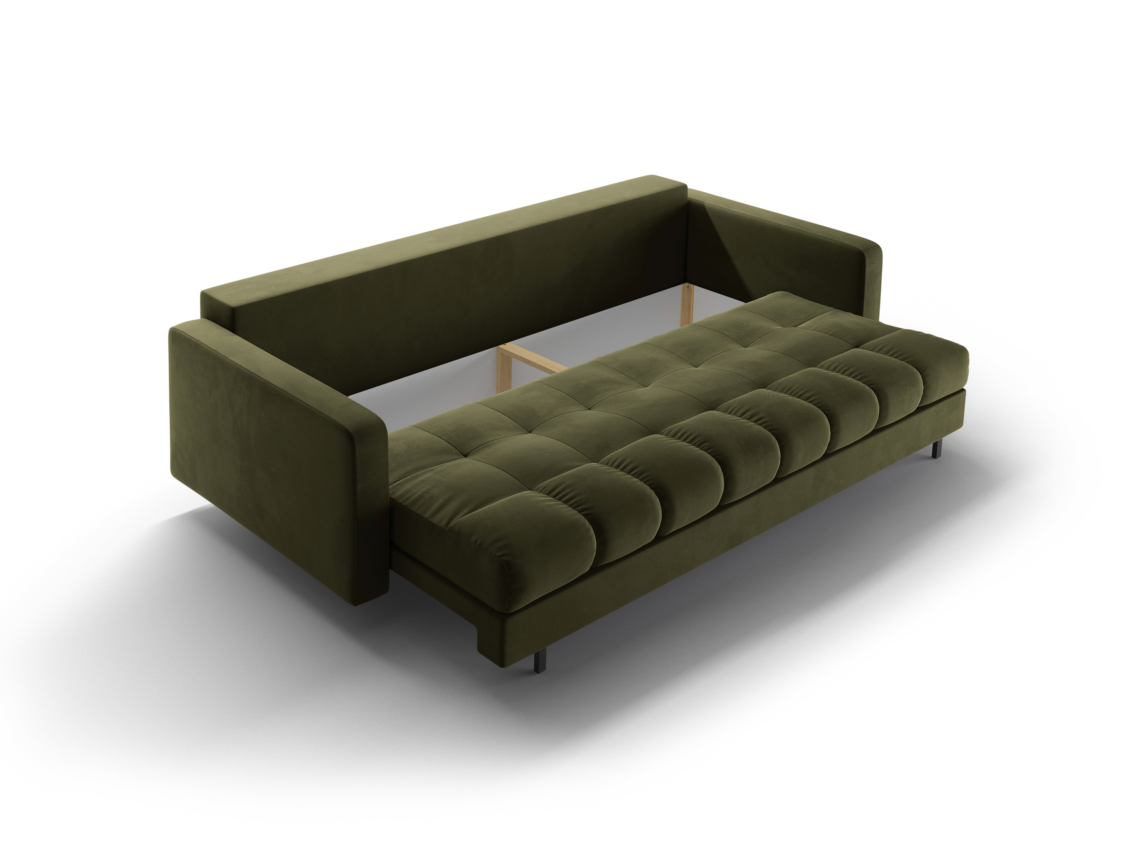 Green velvet 3-seater sofa with a sleeping function BALI with a black base