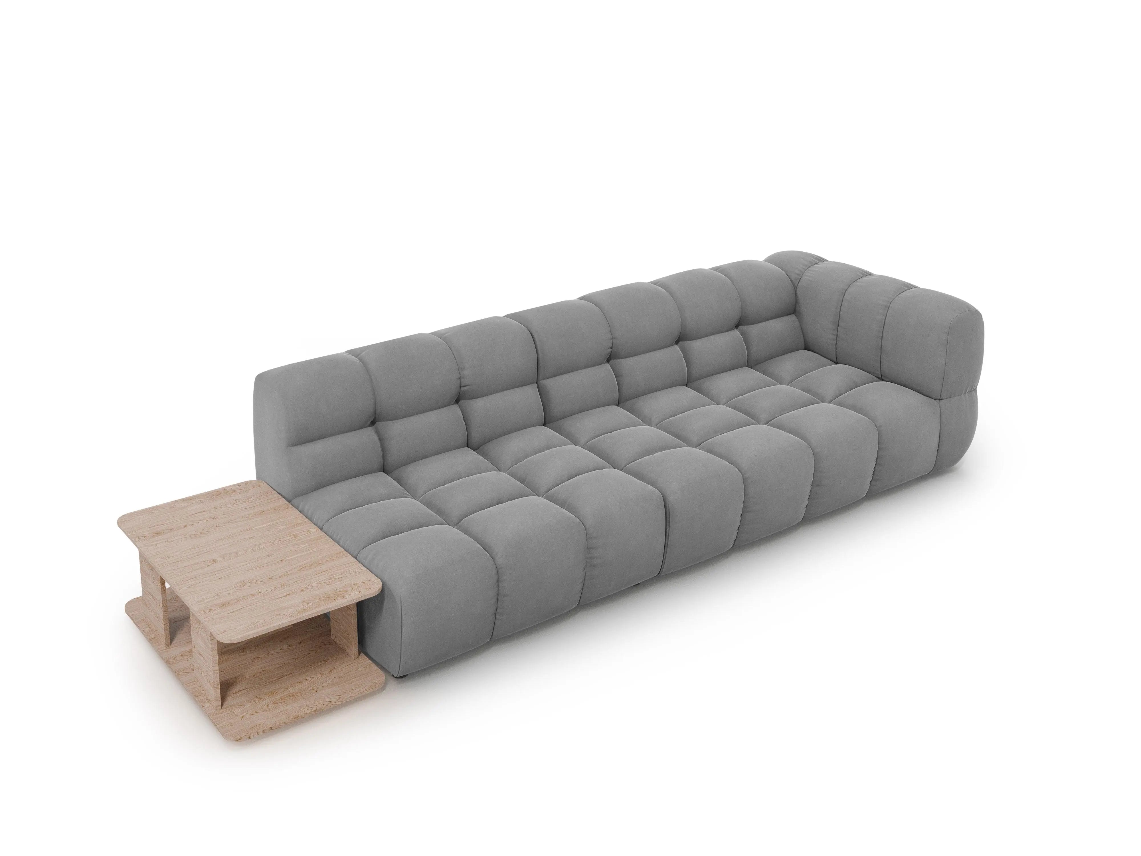 Sofa aksamitna lewostronna 4-osobowa otwarta ze stolikiem SKY jasnoszary – Cosmopolitan Design