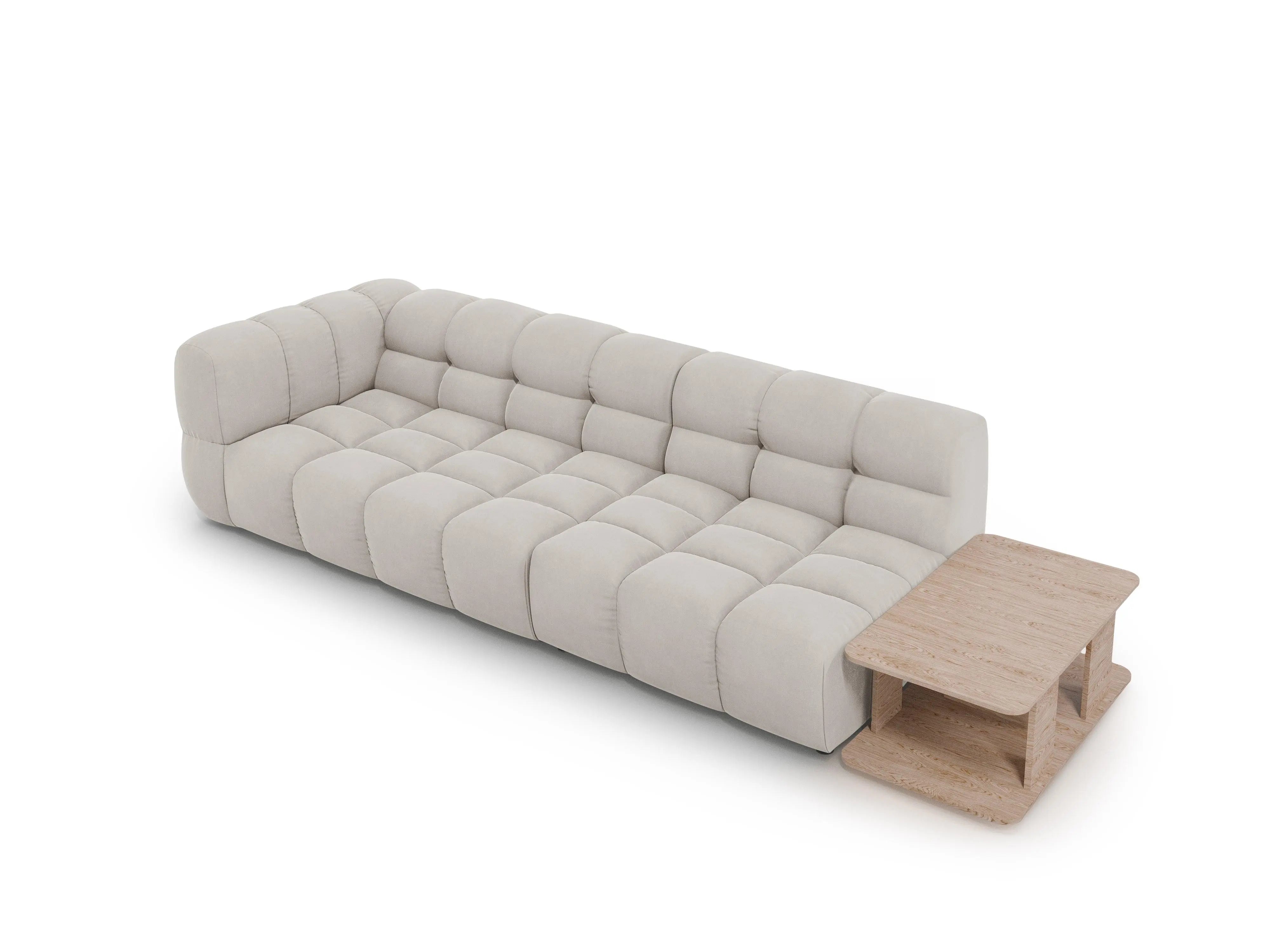 Sofa aksamitna prawostronna 4-osobowa otwarta ze stolikiem SKY jasnobeżowy – Cosmopolitan Design
