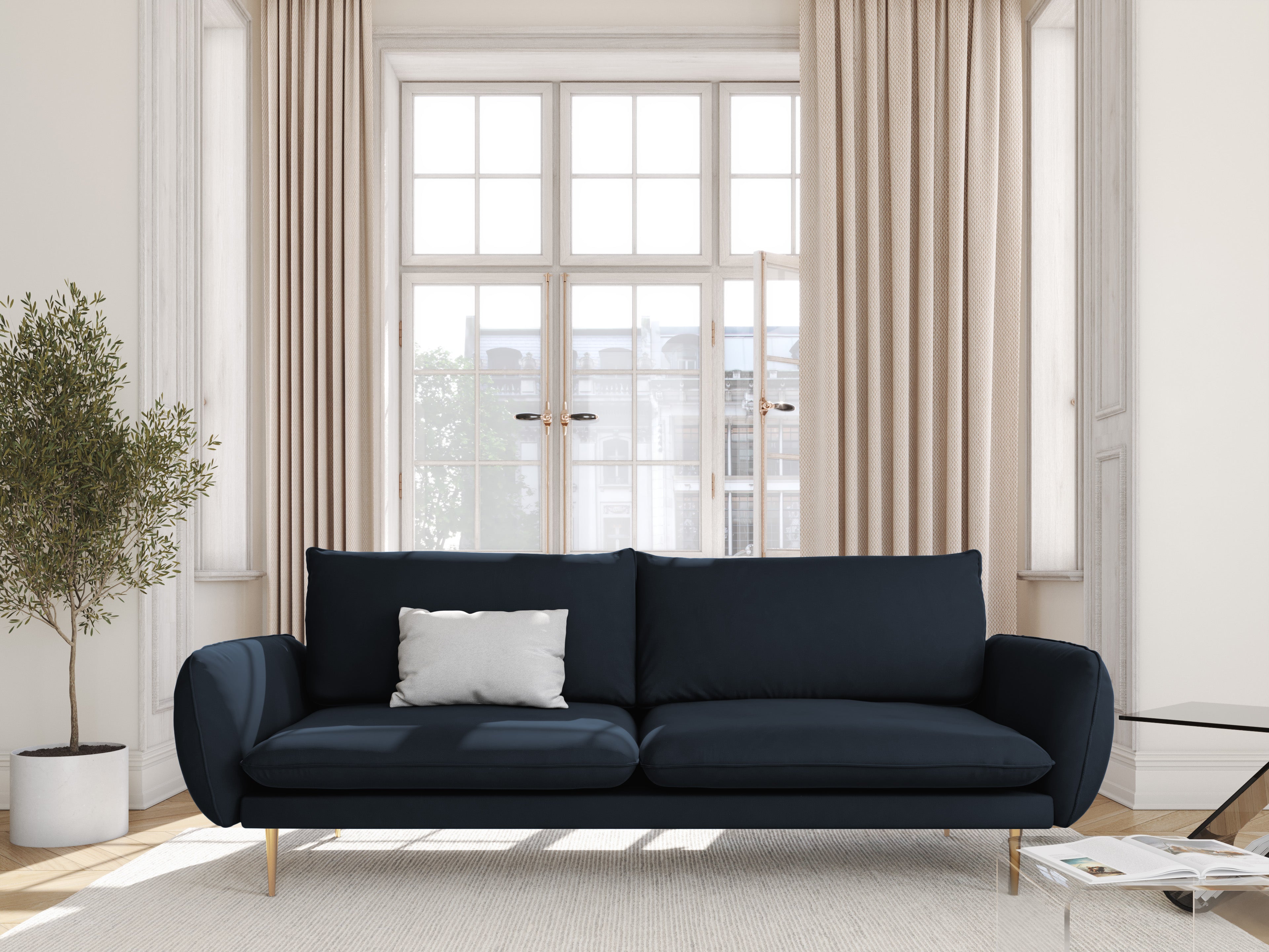 Sofa aus Samt für 4 Personen VIENNA dunkelblau mit goldenem Gestell