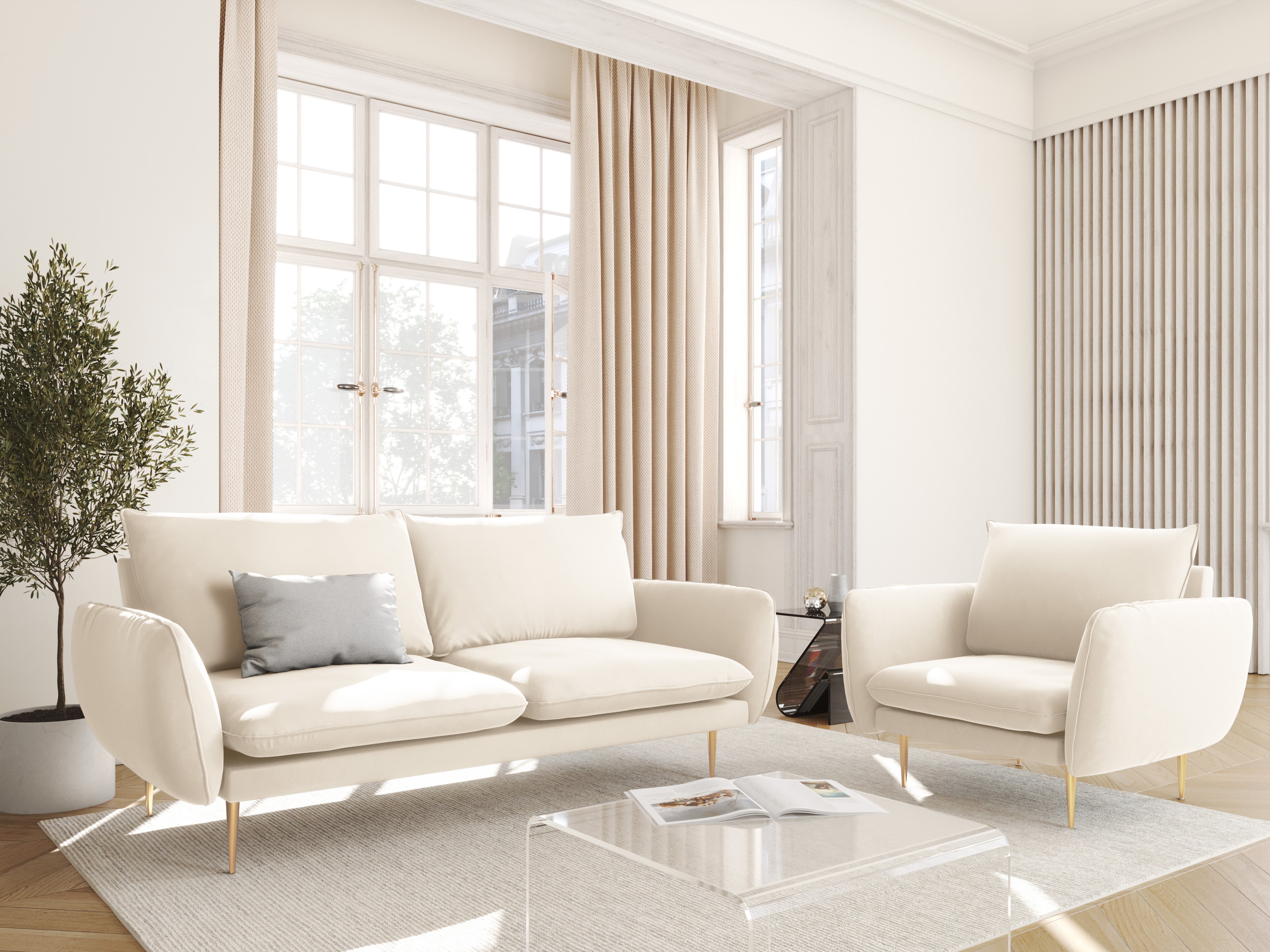 Velvet Armchair VIENNA beige with a gold base