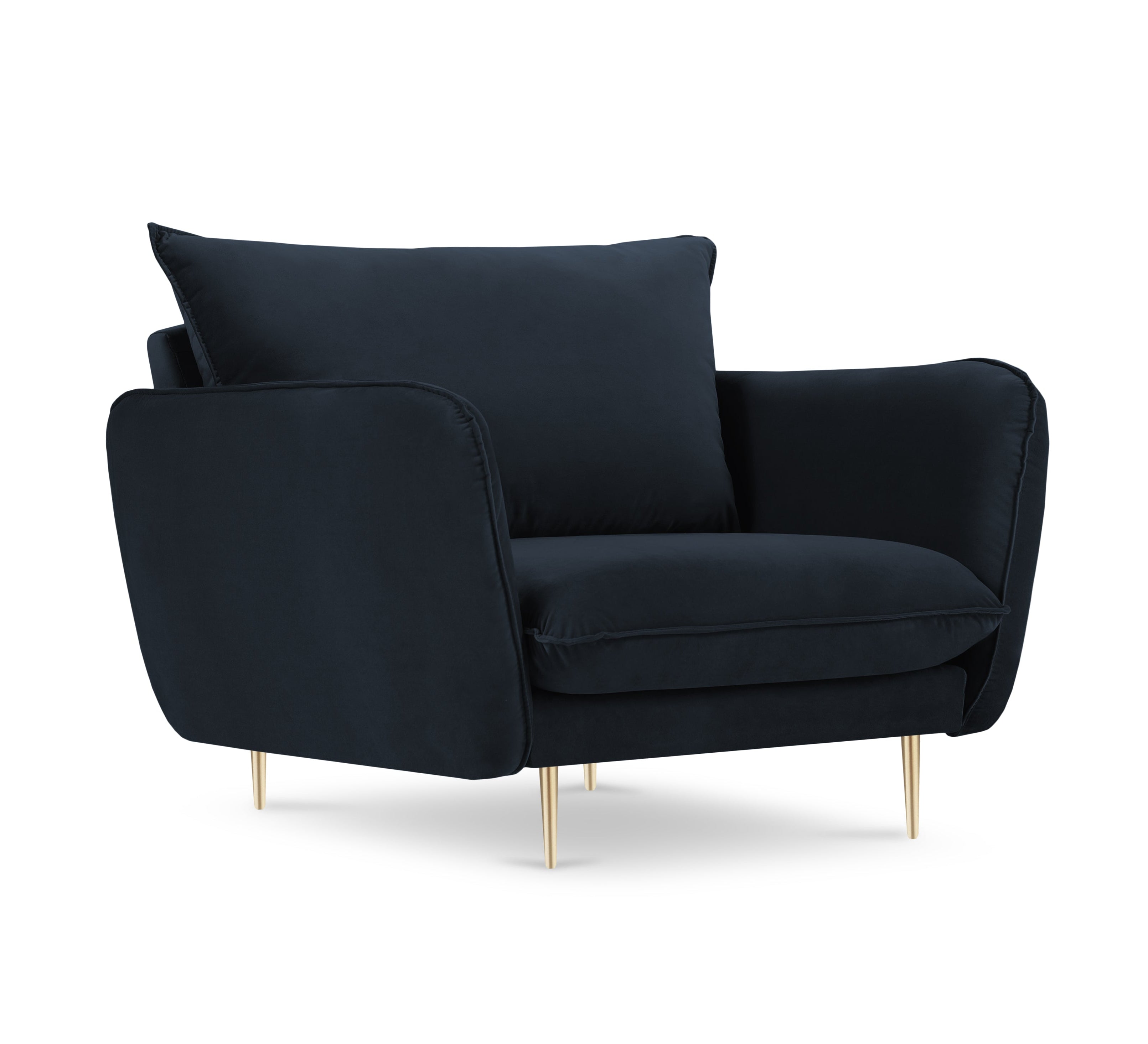 Samt-Sessel VIENNA dunkelblau mit goldenem Fuß