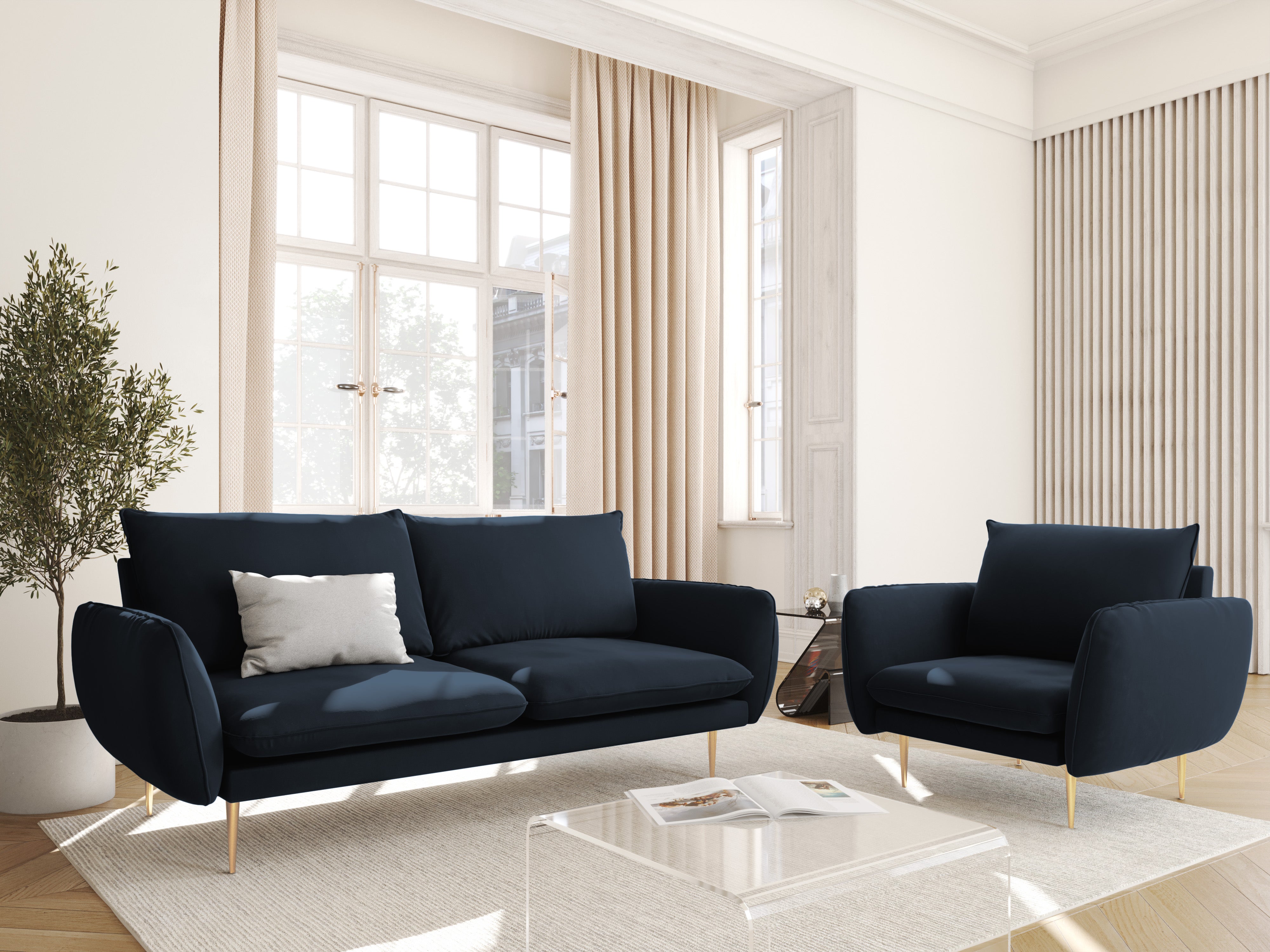 Samt-Sessel VIENNA dunkelblau mit goldenem Fuß
