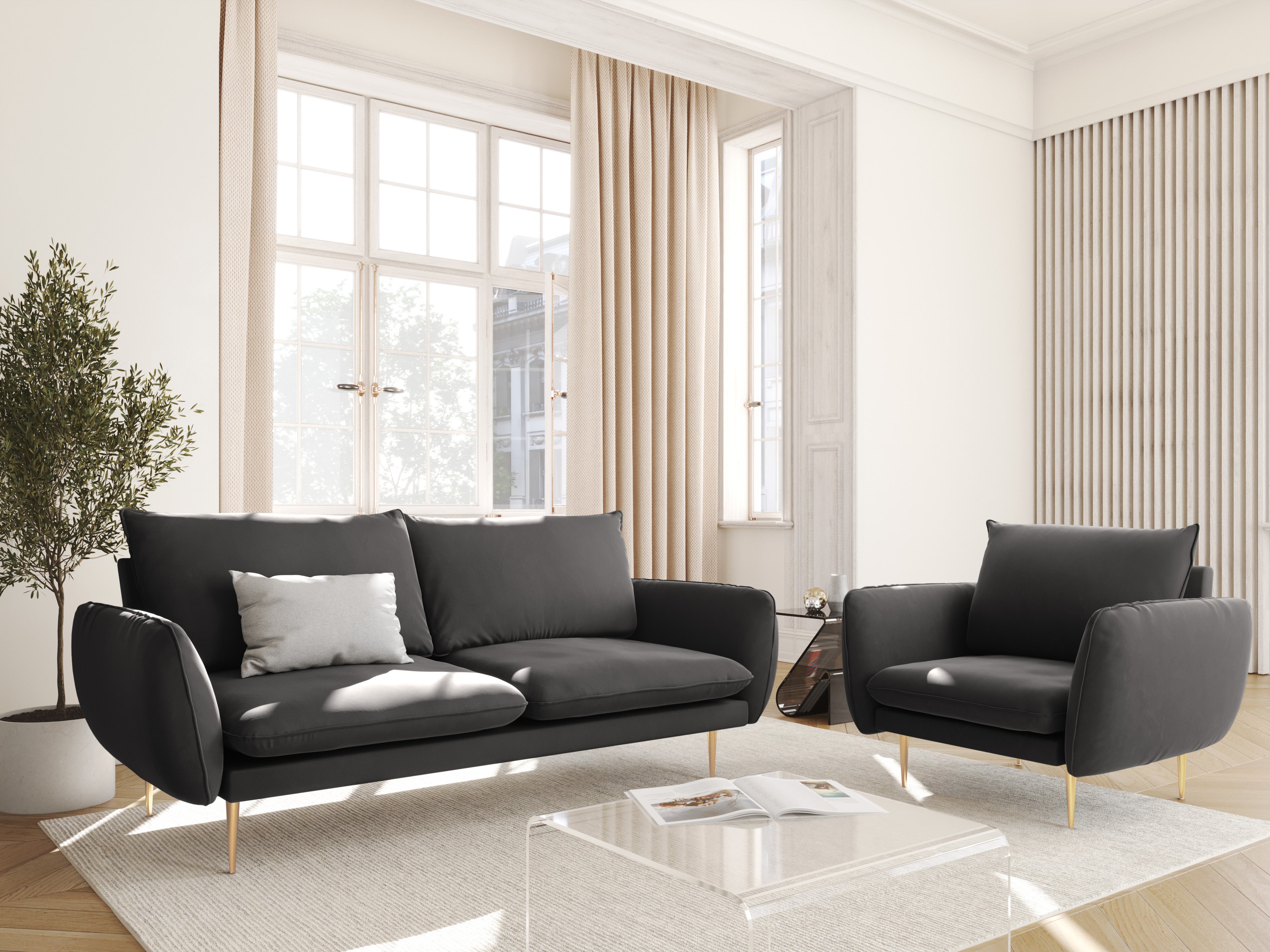 Velvet armchair VIENNA dark gray with a gold base