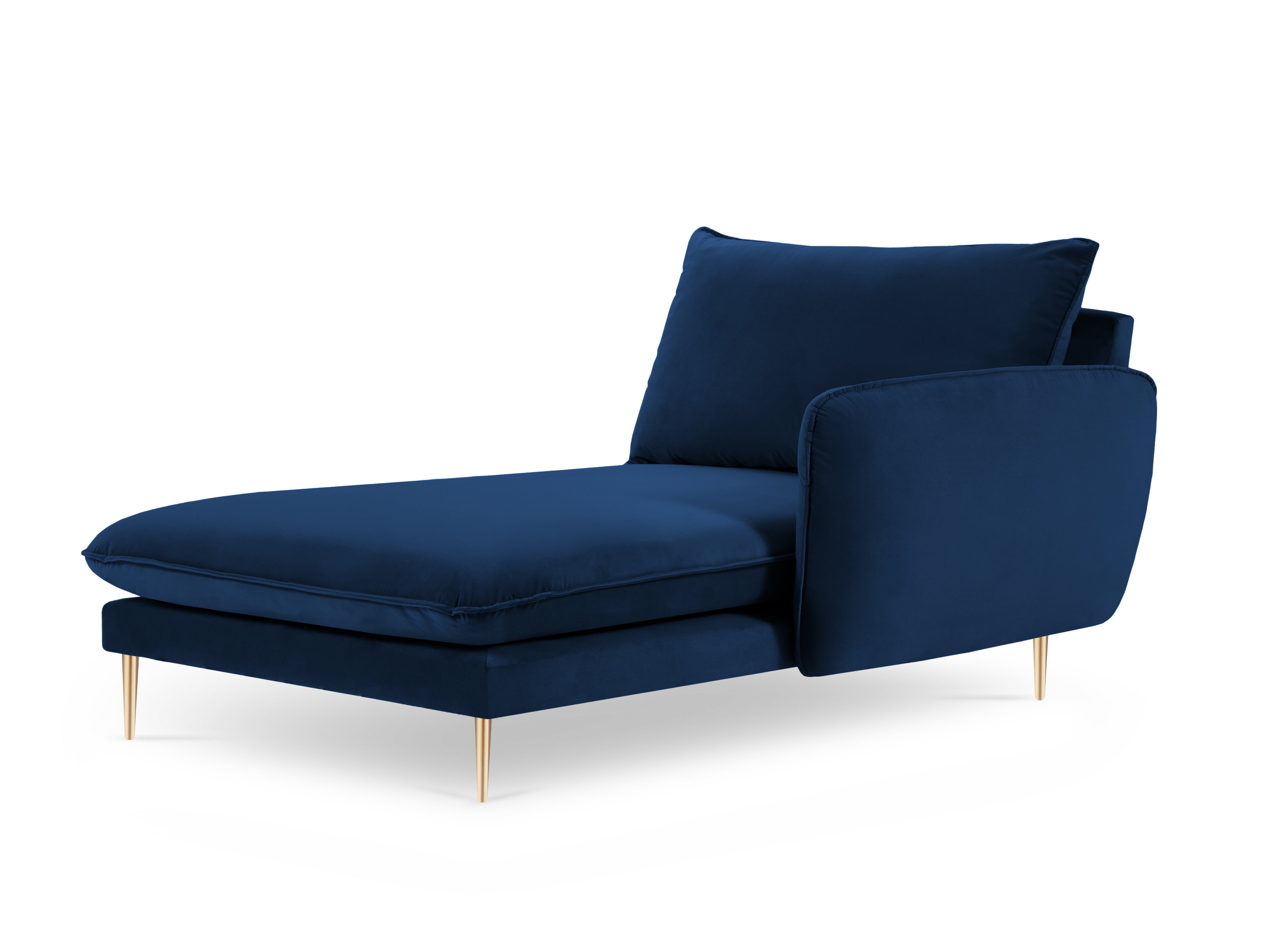 Right-facing velvet chaise longue VIENNA in royal blue with a gold base