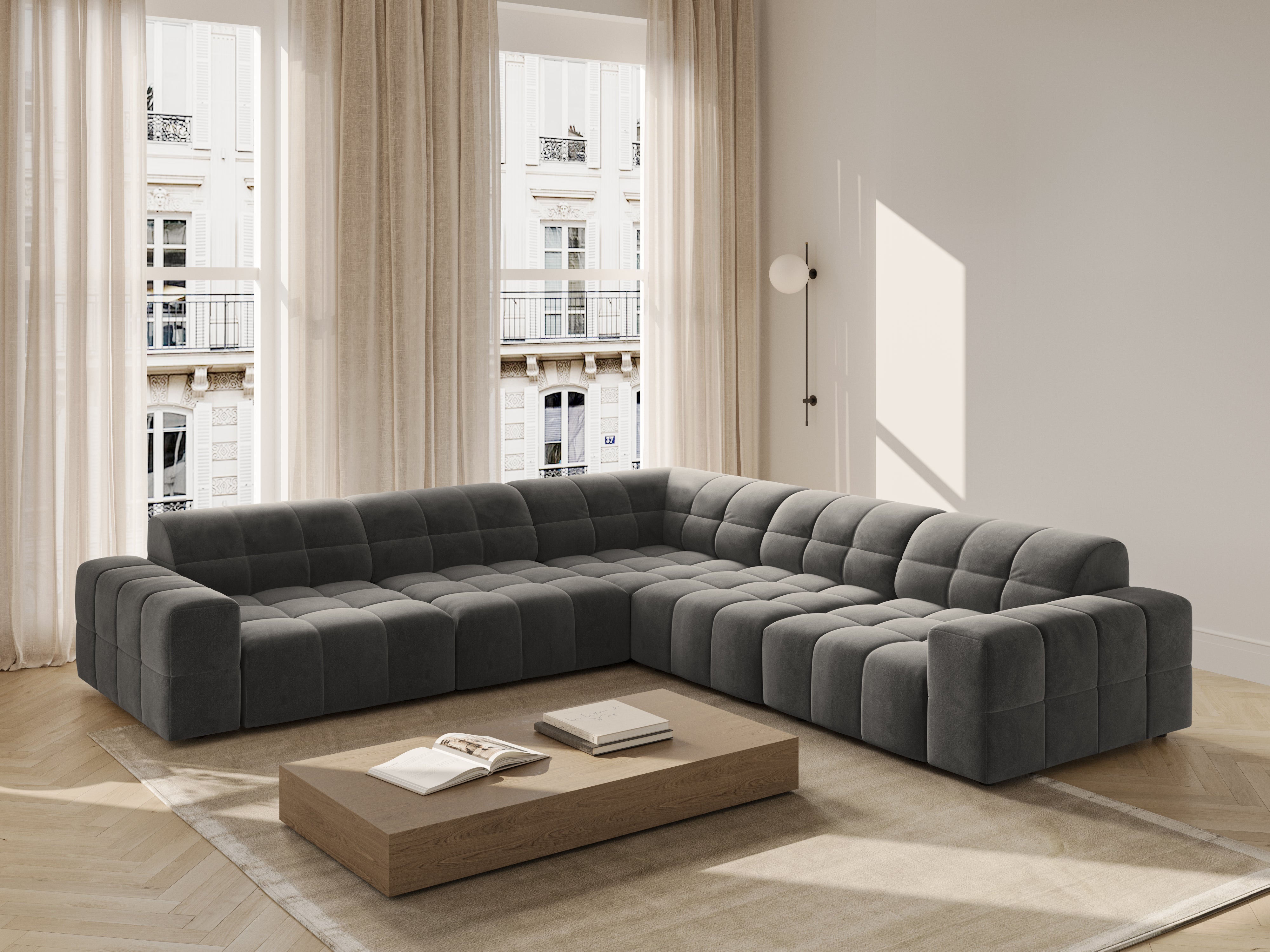 Symmetrische Samt-Eckcouch CHICAGO grau