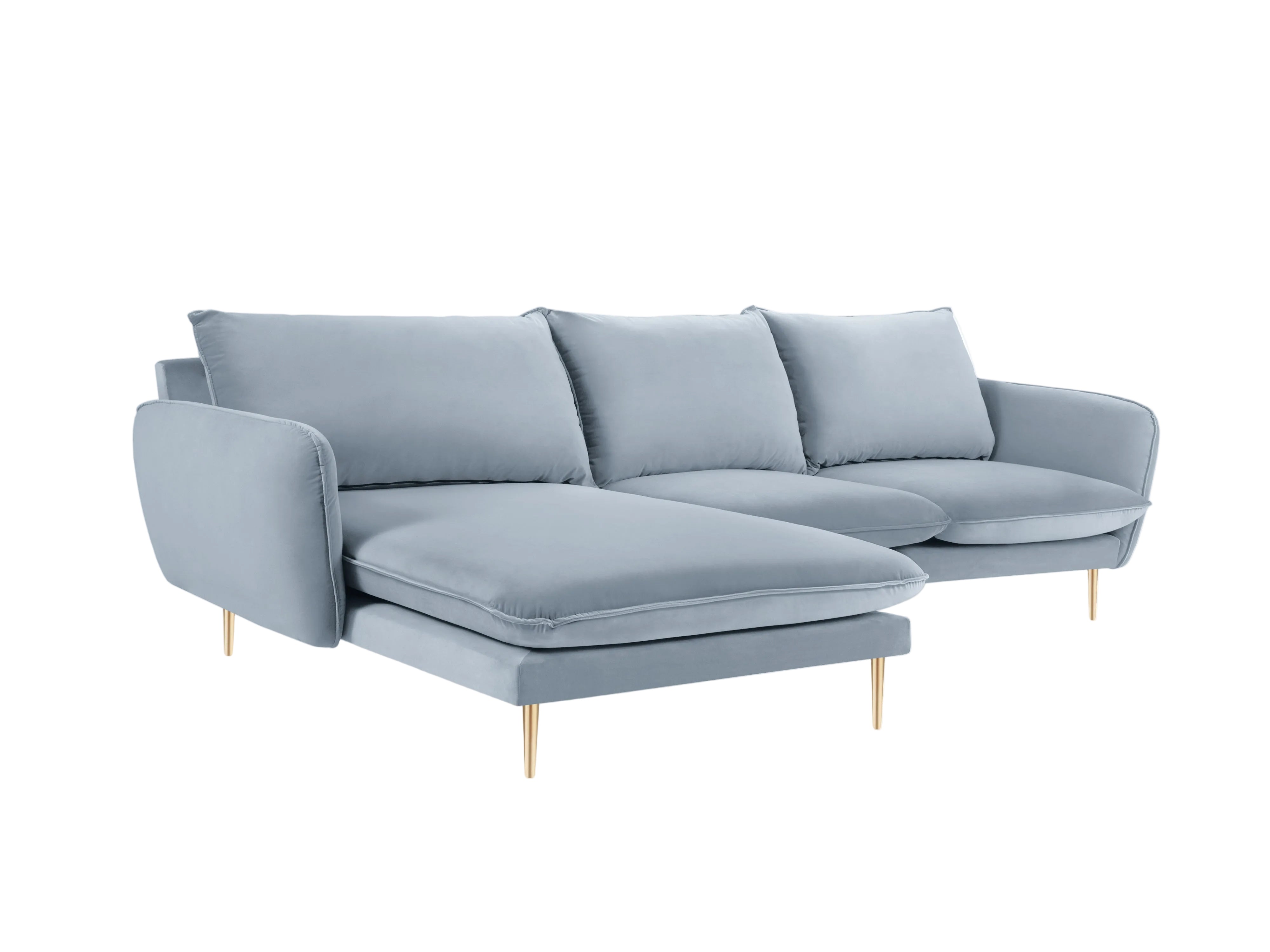 Samt-Ecksofa linksseitig für 5 Personen VIENNA hellblau mit goldenem Fuß