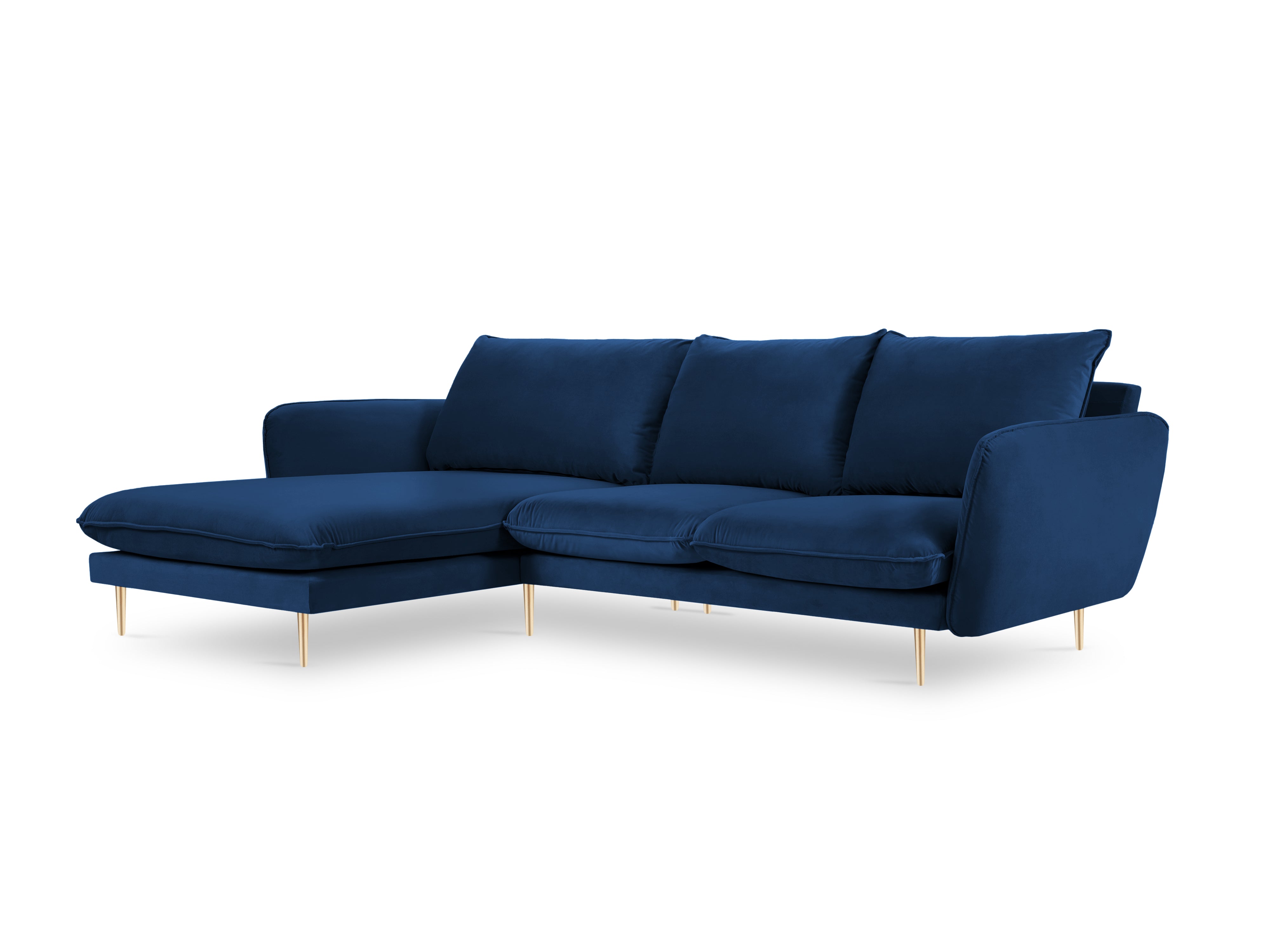 Samt-Ecksofa linksseitig für 5 Personen VIENNA in königsblau mit goldenem Fuß
