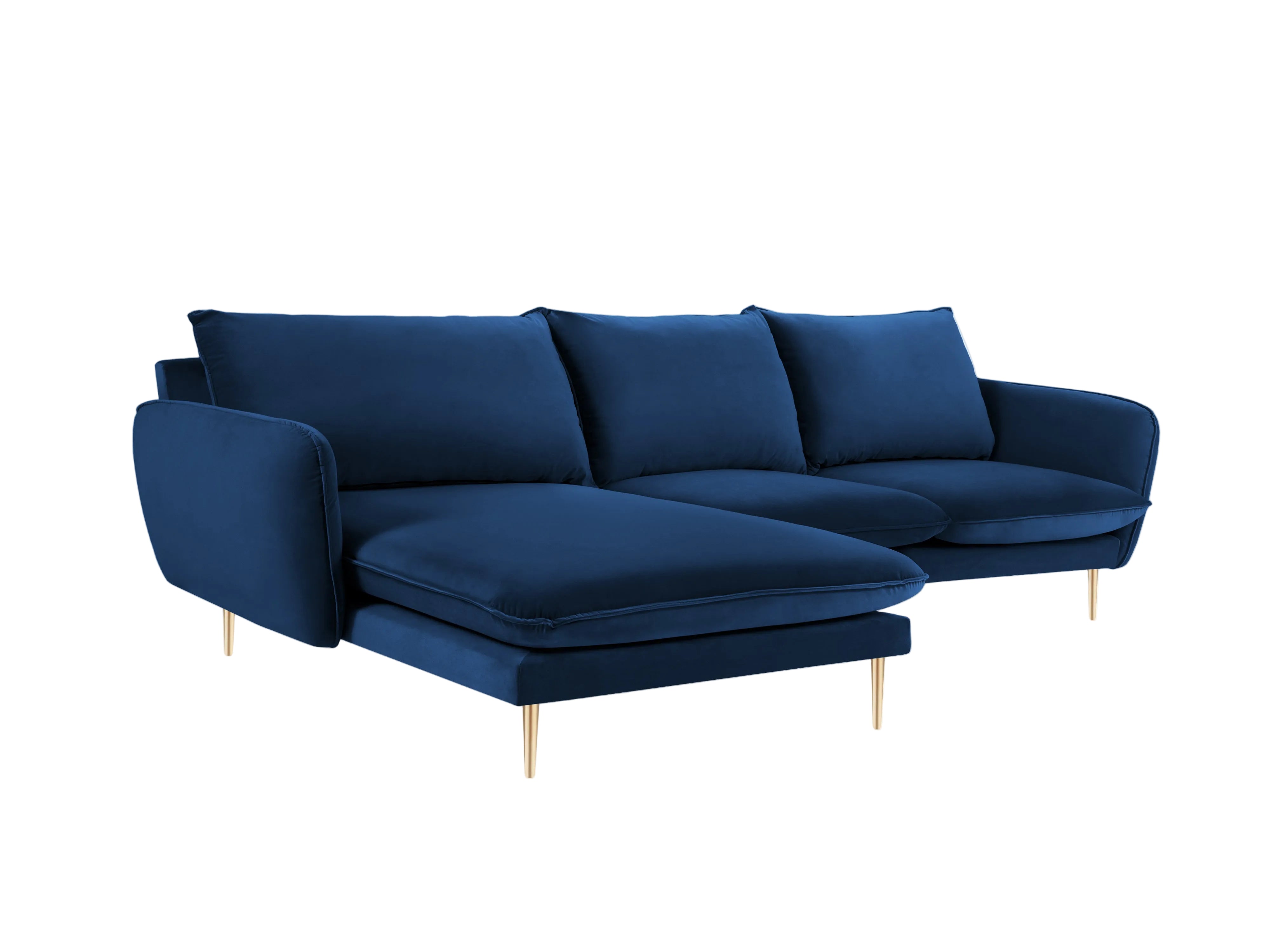 Samt-Ecksofa linksseitig für 5 Personen VIENNA in königsblau mit goldenem Fuß