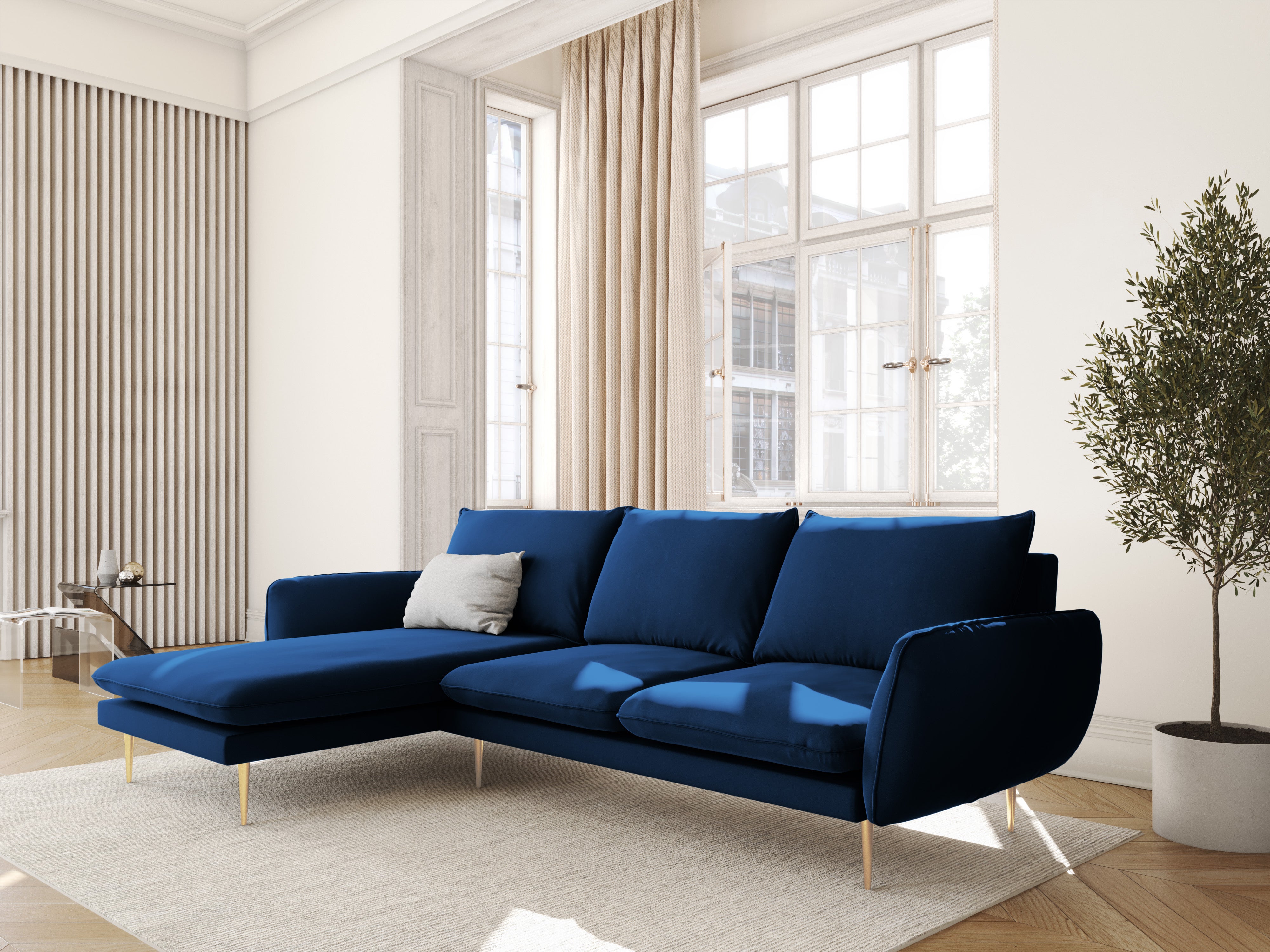 Samt-Ecksofa linksseitig für 5 Personen VIENNA in königsblau mit goldenem Fuß