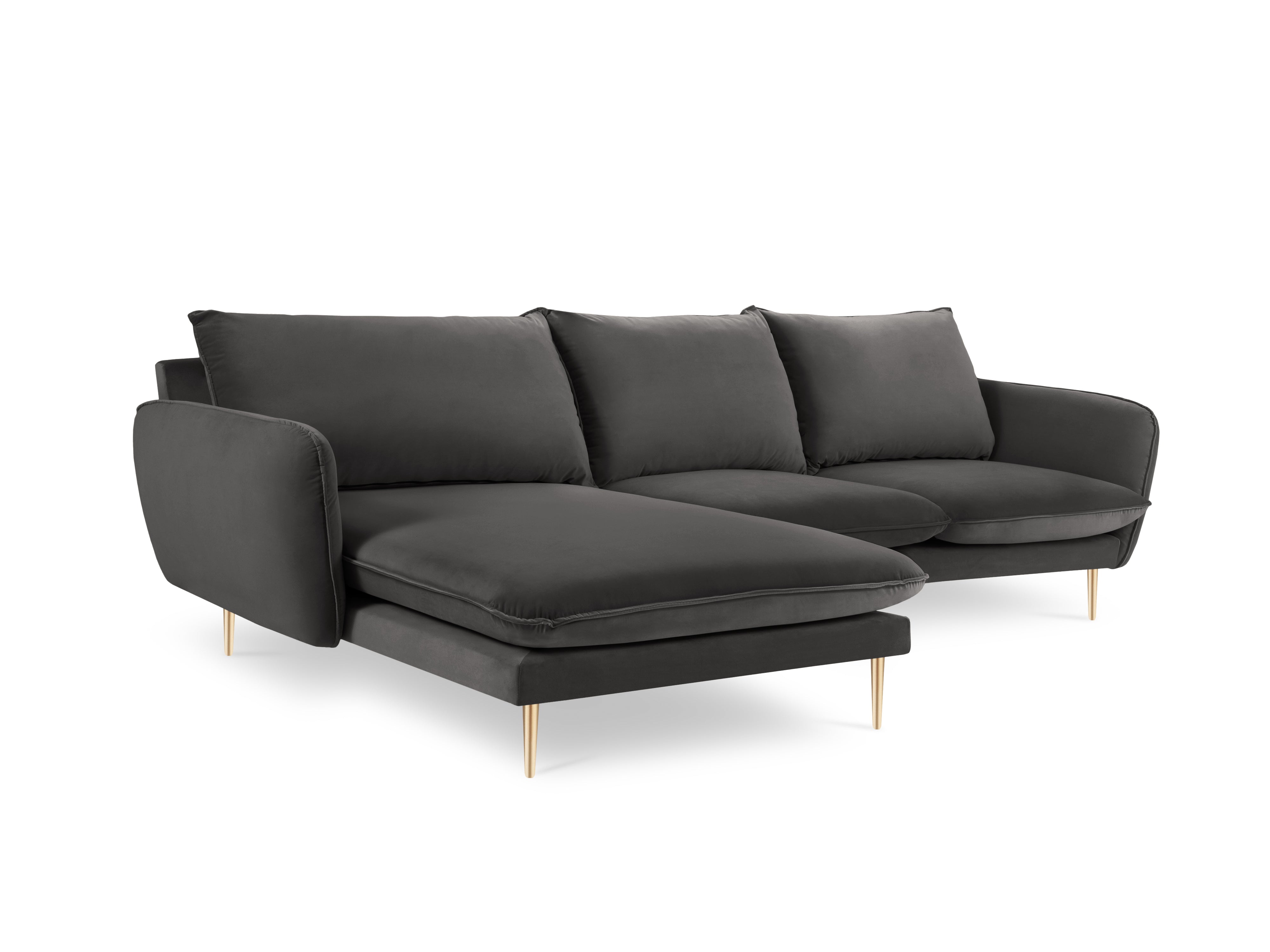 Left-facing velvet corner sofa for 5 people VIENNA in dark gray with a gold base