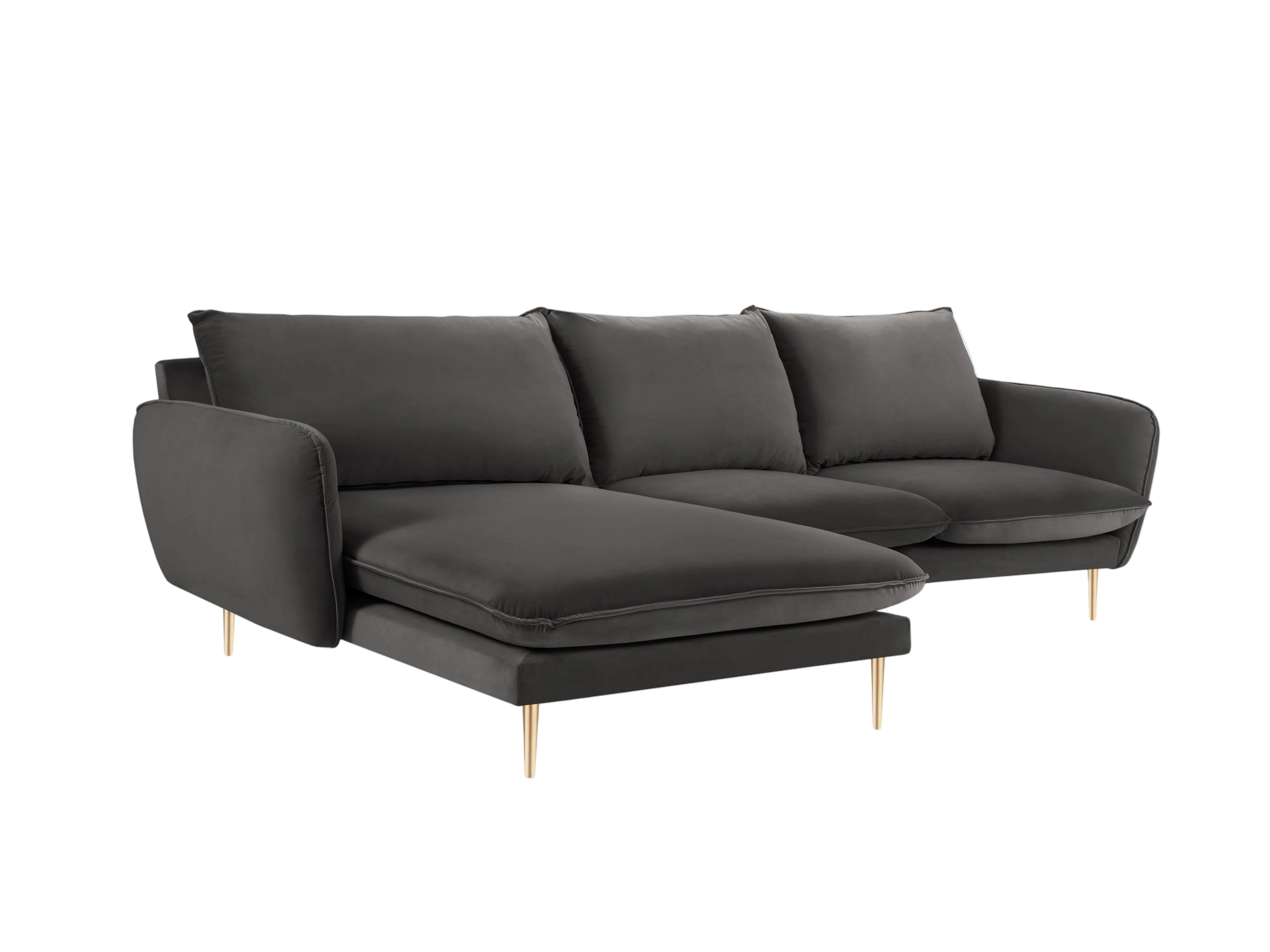 Samt-Ecksofa linksseitig für 5 Personen VIENNA dunkelgrau mit goldenem Fuß