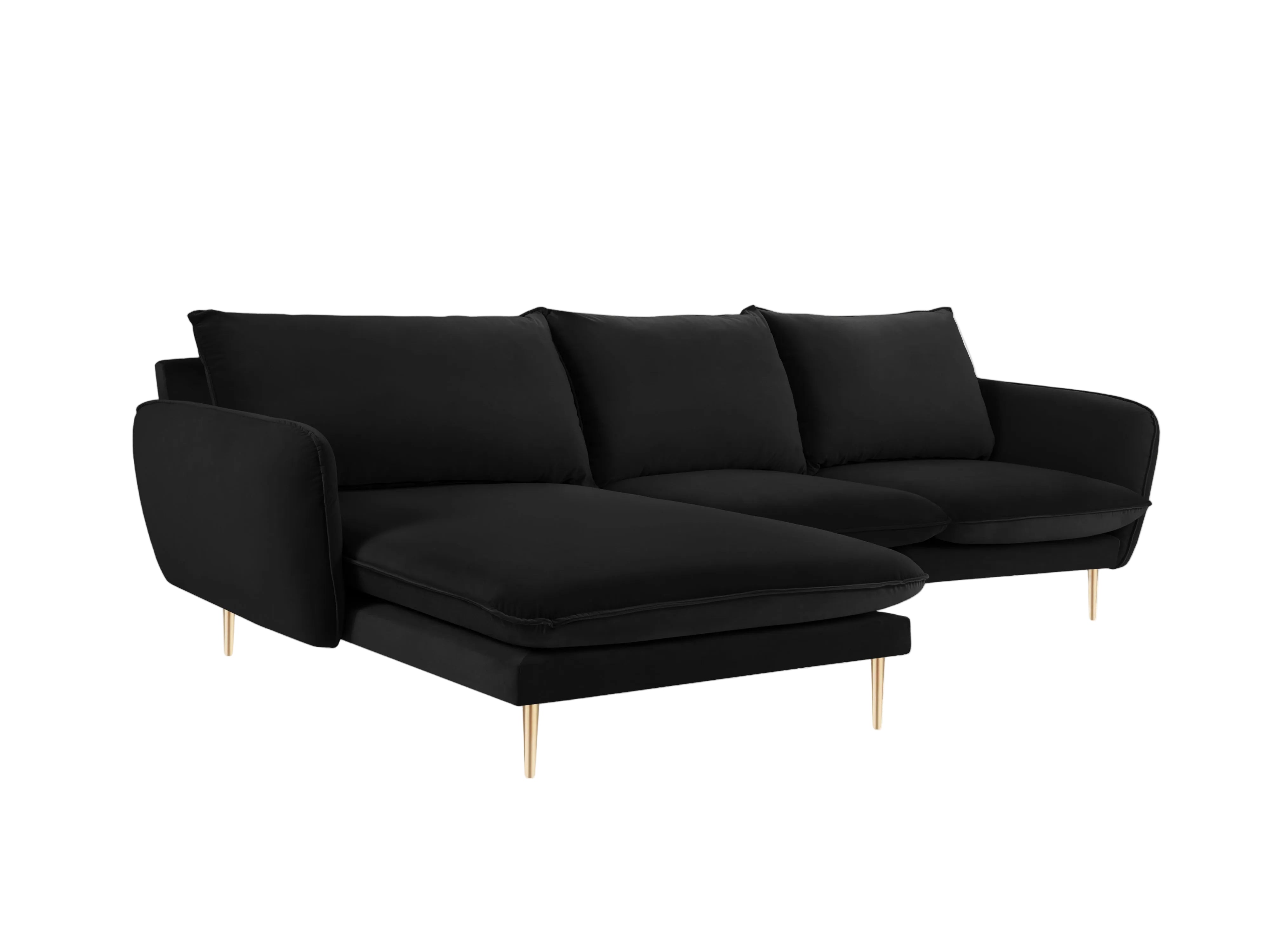 Left-facing velvet corner sofa for 5 people VIENNA in black with a gold base