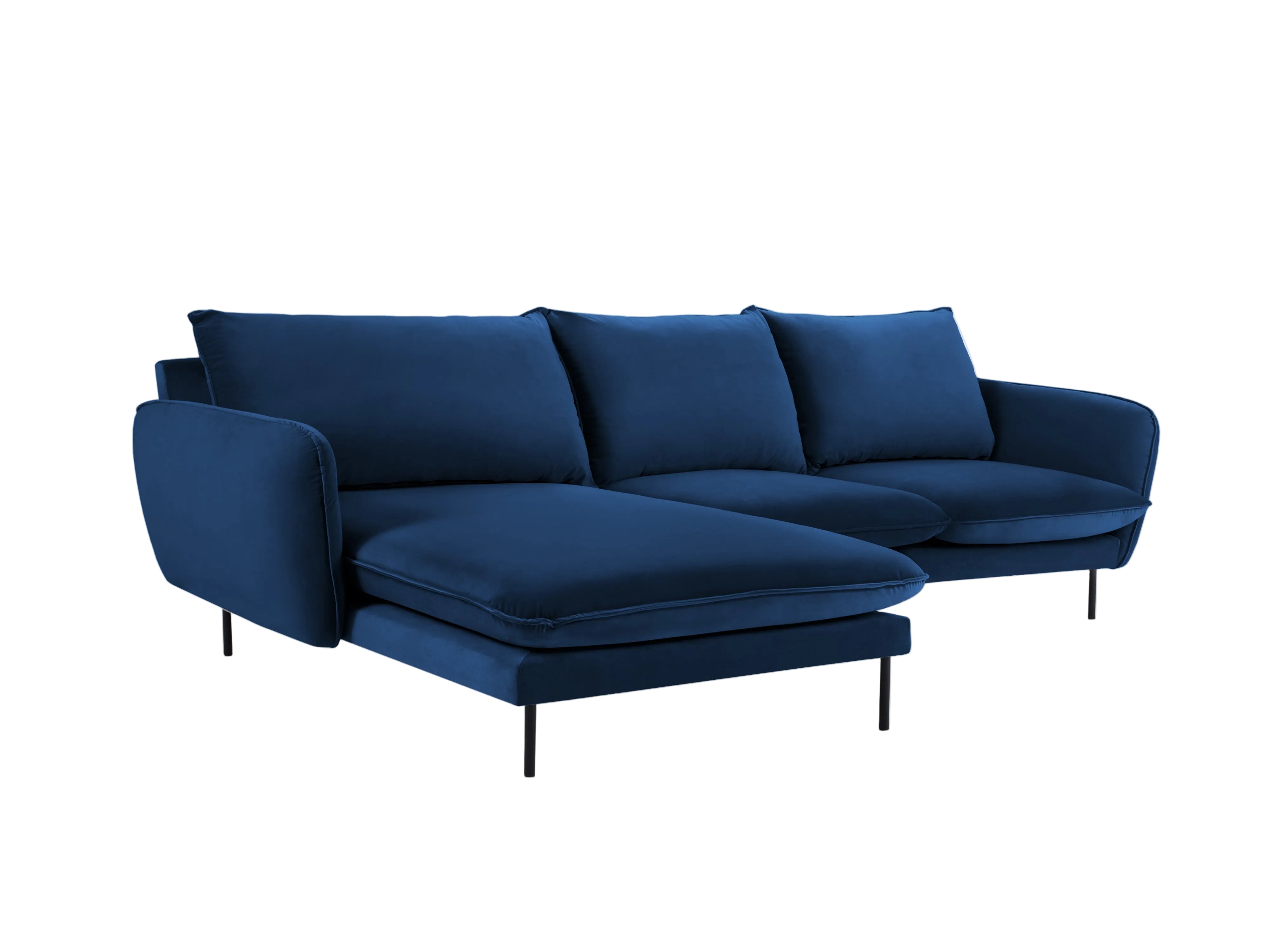 Left-facing velvet corner sofa for 5 people VIENNA in royal blue with a black base