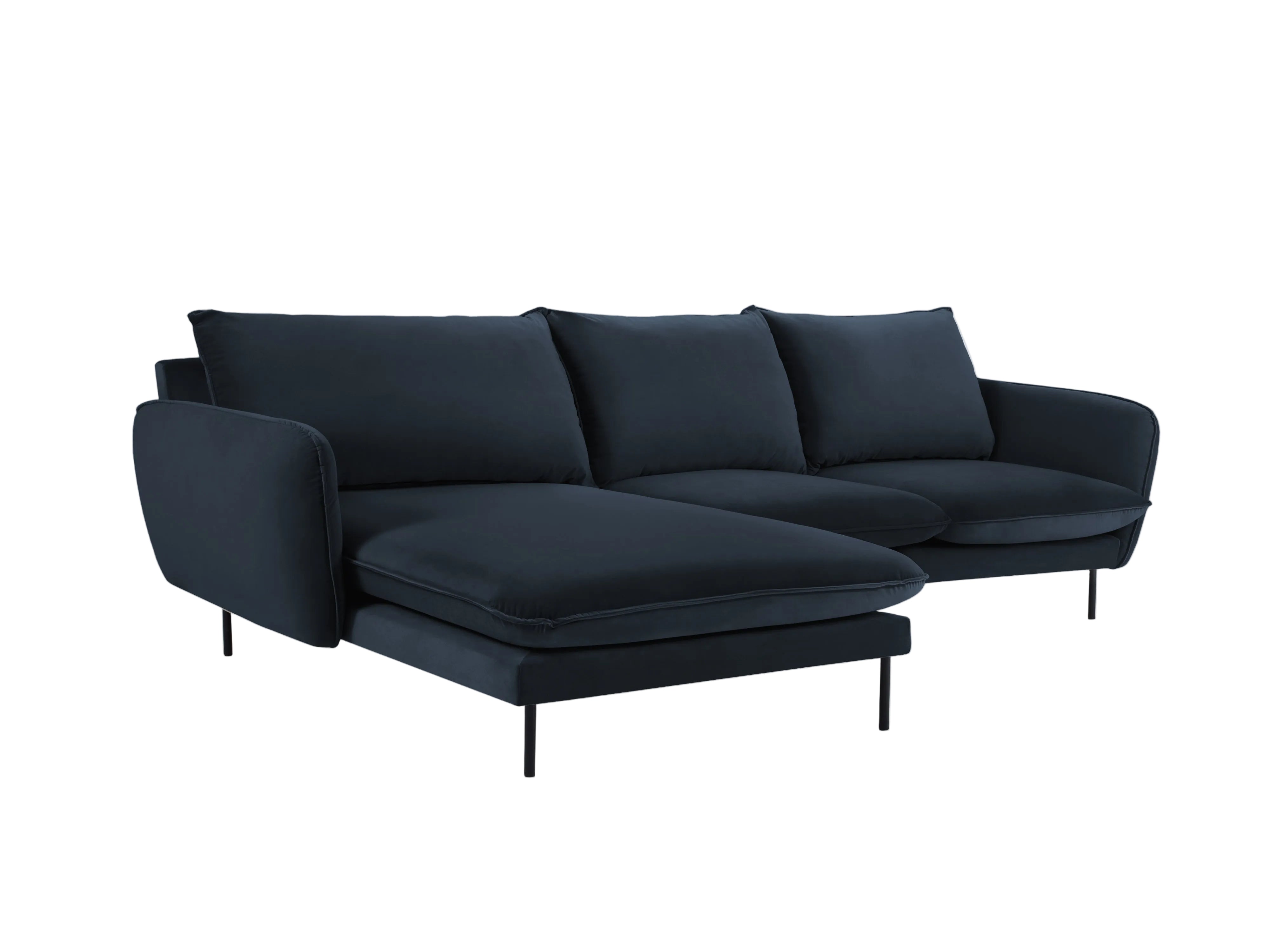 Samt-Ecksofa linksseitig für 5 Personen VIENNA dunkelblau mit schwarzem Fuß