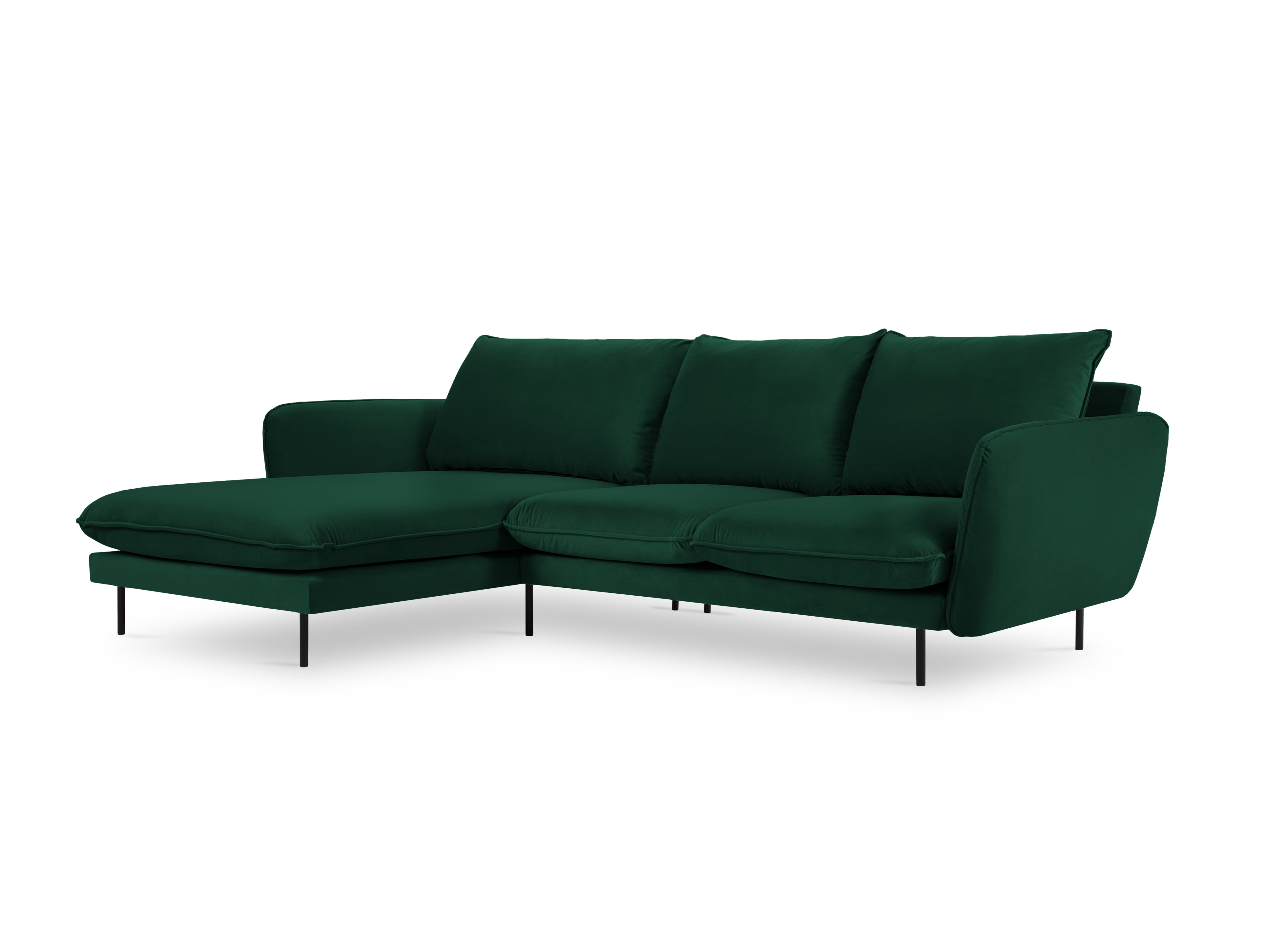 Left-facing velvet corner sofa for 5 people VIENNA in bottle green with a black base
