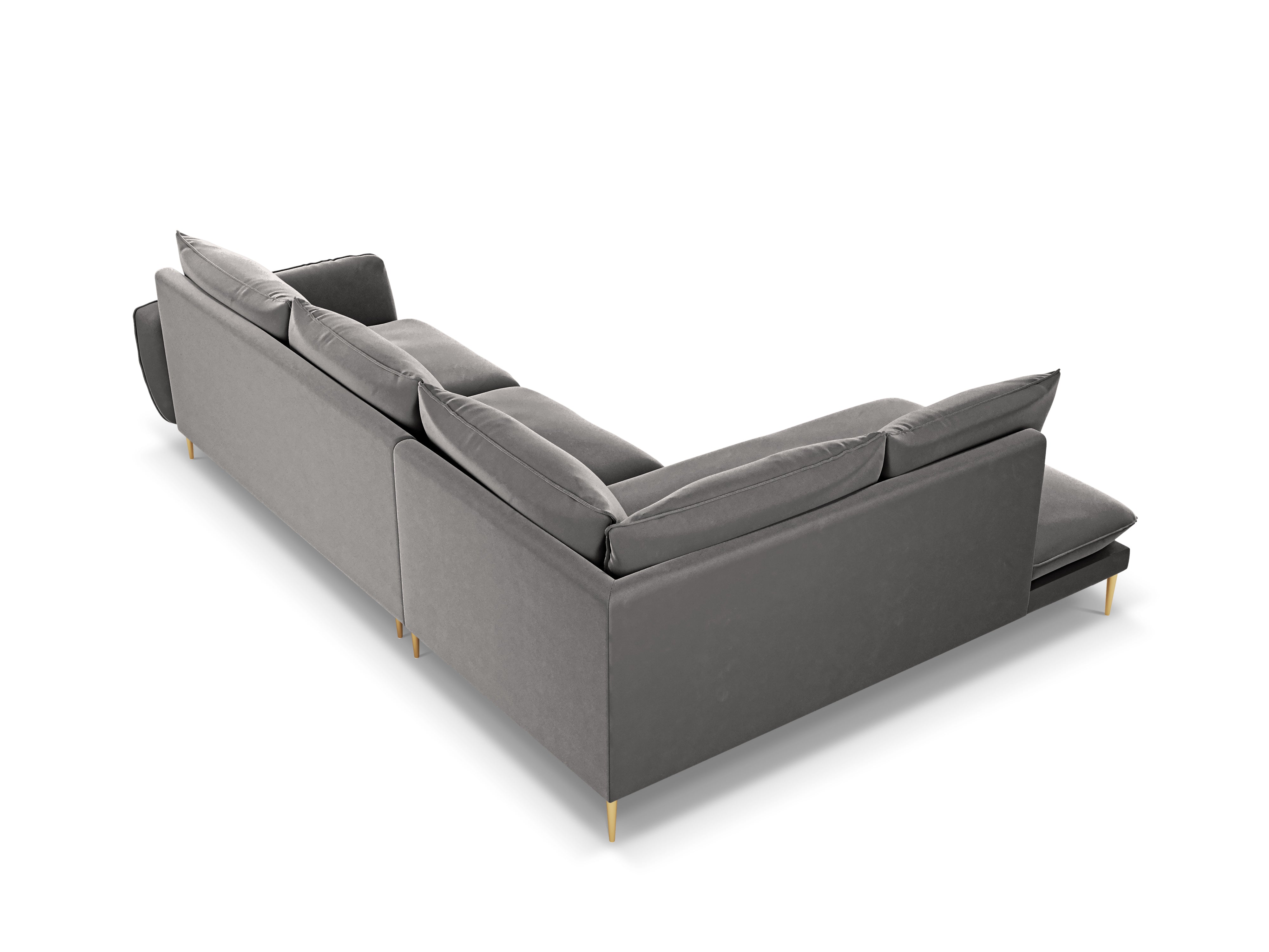 Left-facing velvet corner sofa for 5 people VIENNA in light gray with a gold base