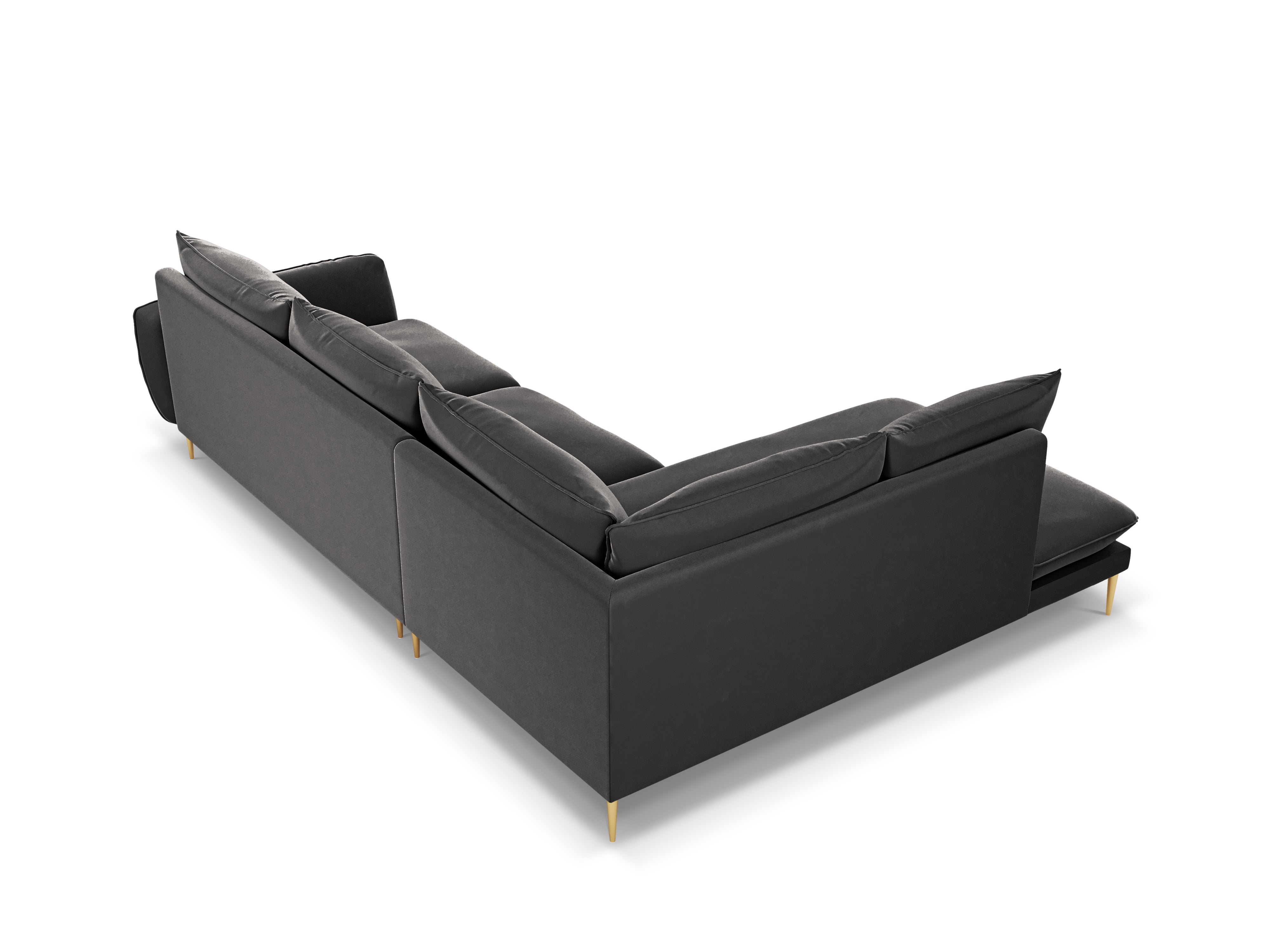 Left-facing velvet corner sofa for 5 people VIENNA in dark gray with a gold base