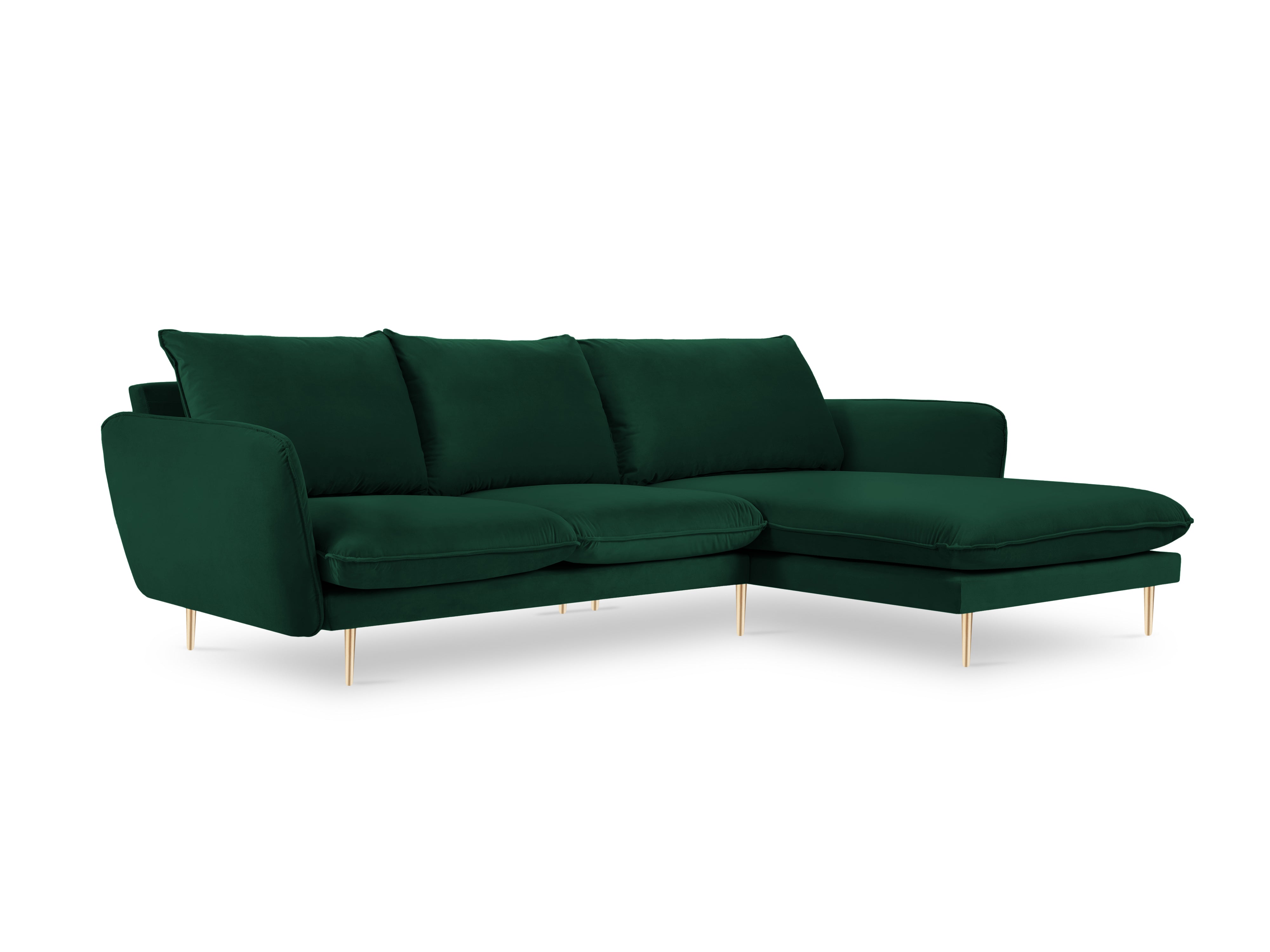 Velvet corner sofa right-facing for 5 people VIENNA in bottle green with a gold base