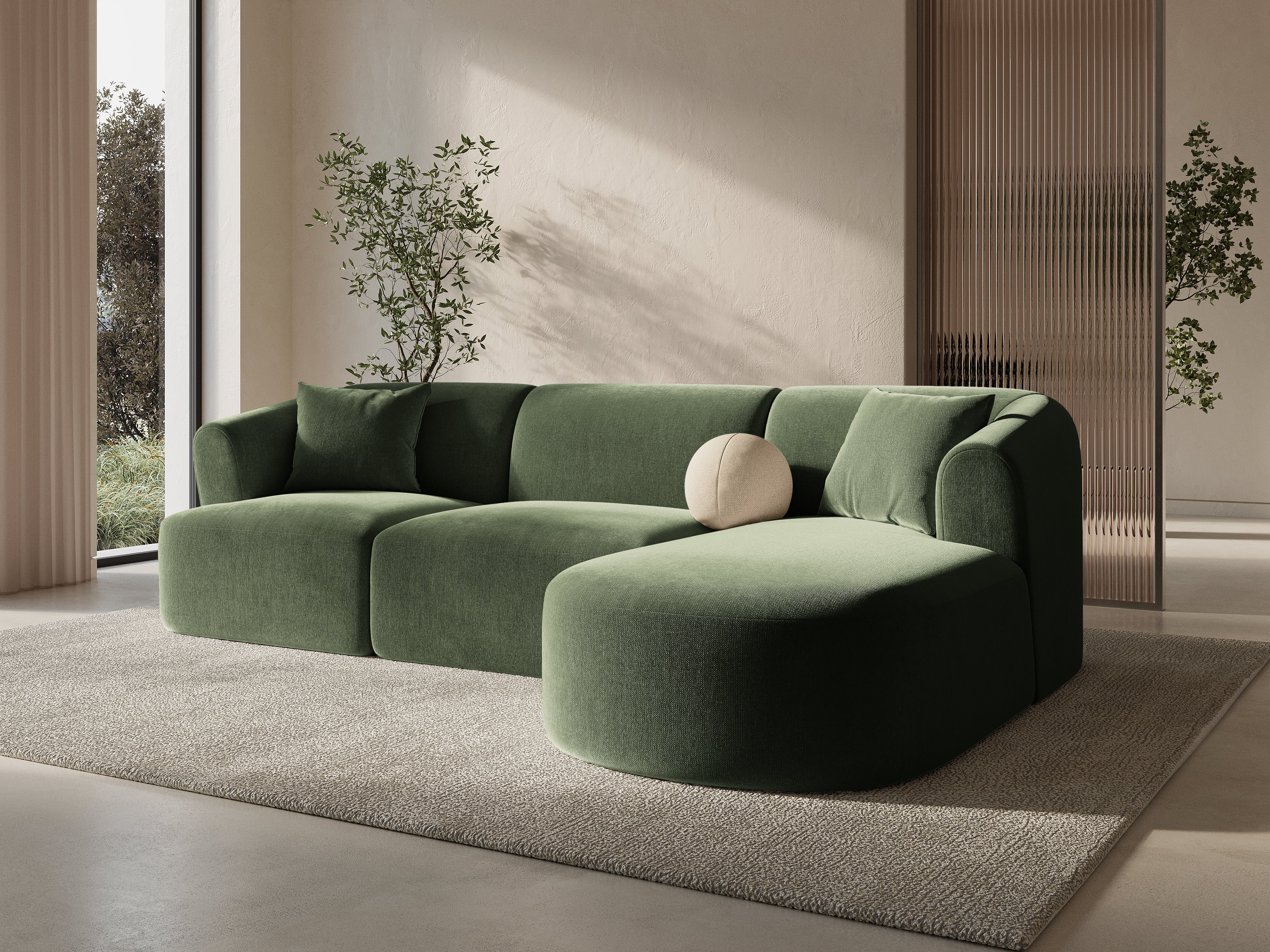Green right-facing velvet corner sofa for 4 people CAMPI
