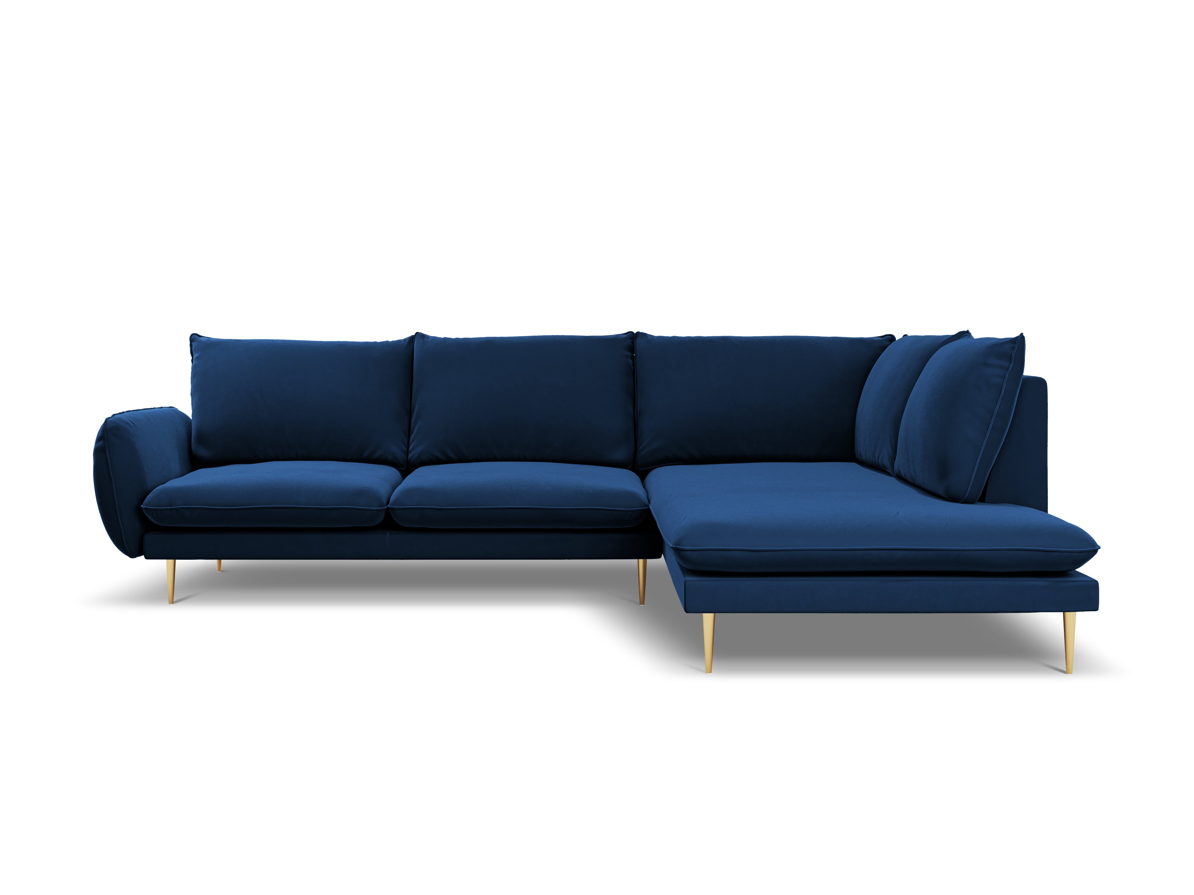 Right-facing velvet corner sofa for 5 people VIENNA in royal blue with a gold base