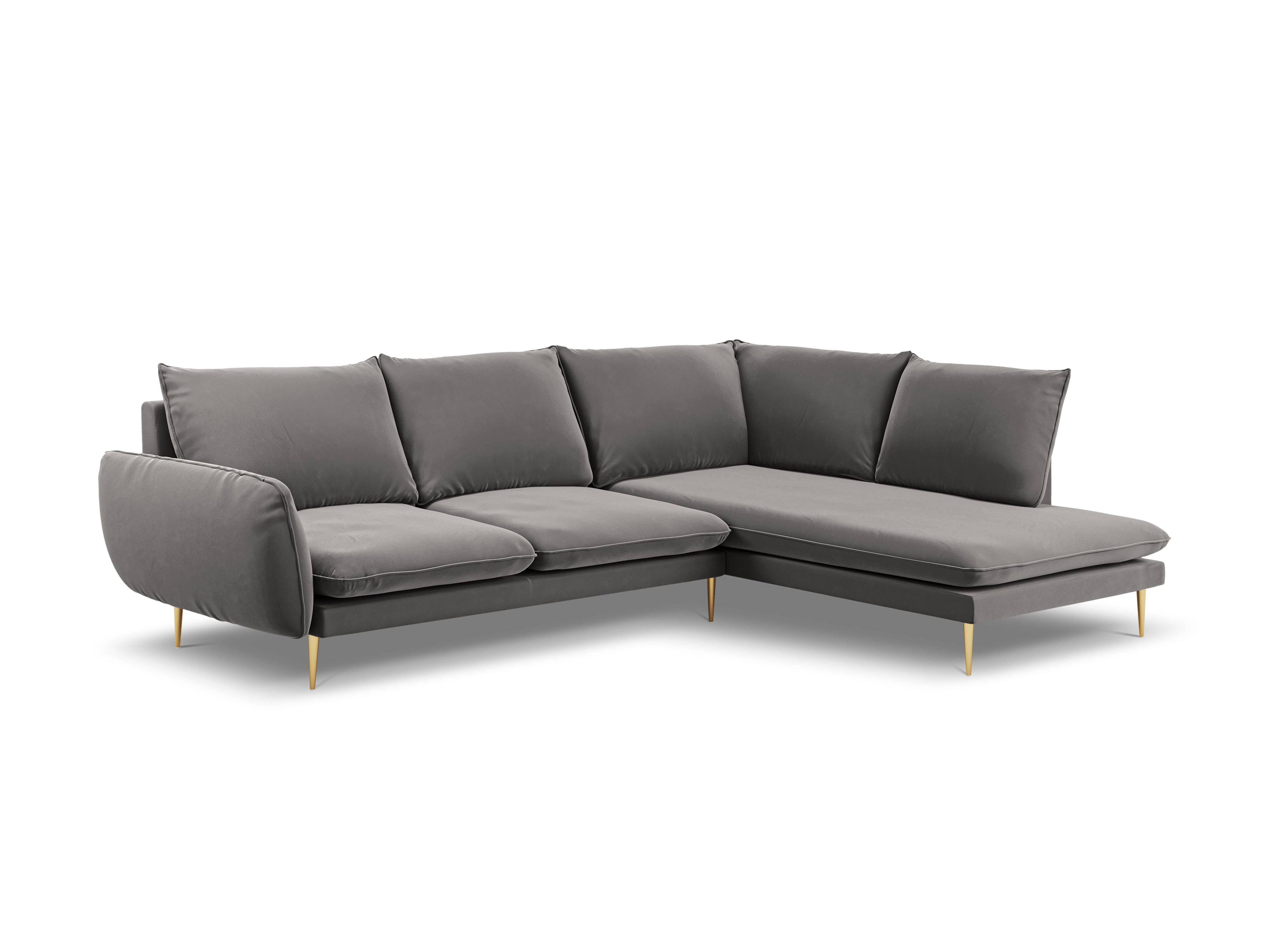 Samt-Ecksofa für 6 Personen, rechtsseitig, VIENNA, hellgrau mit goldener Basis