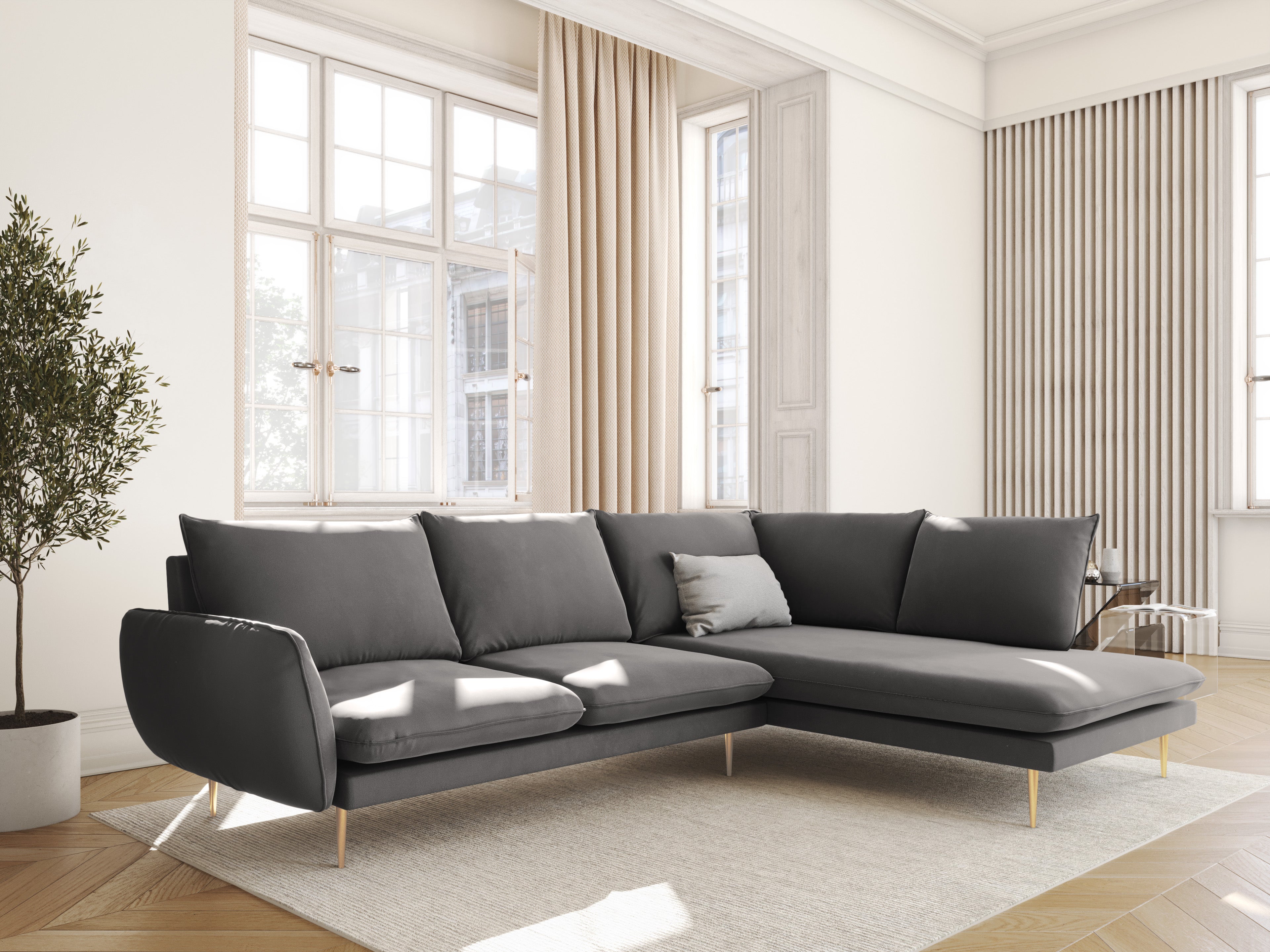 Samt-Ecksofa für 6 Personen, rechtsseitig, VIENNA, hellgrau mit goldener Basis