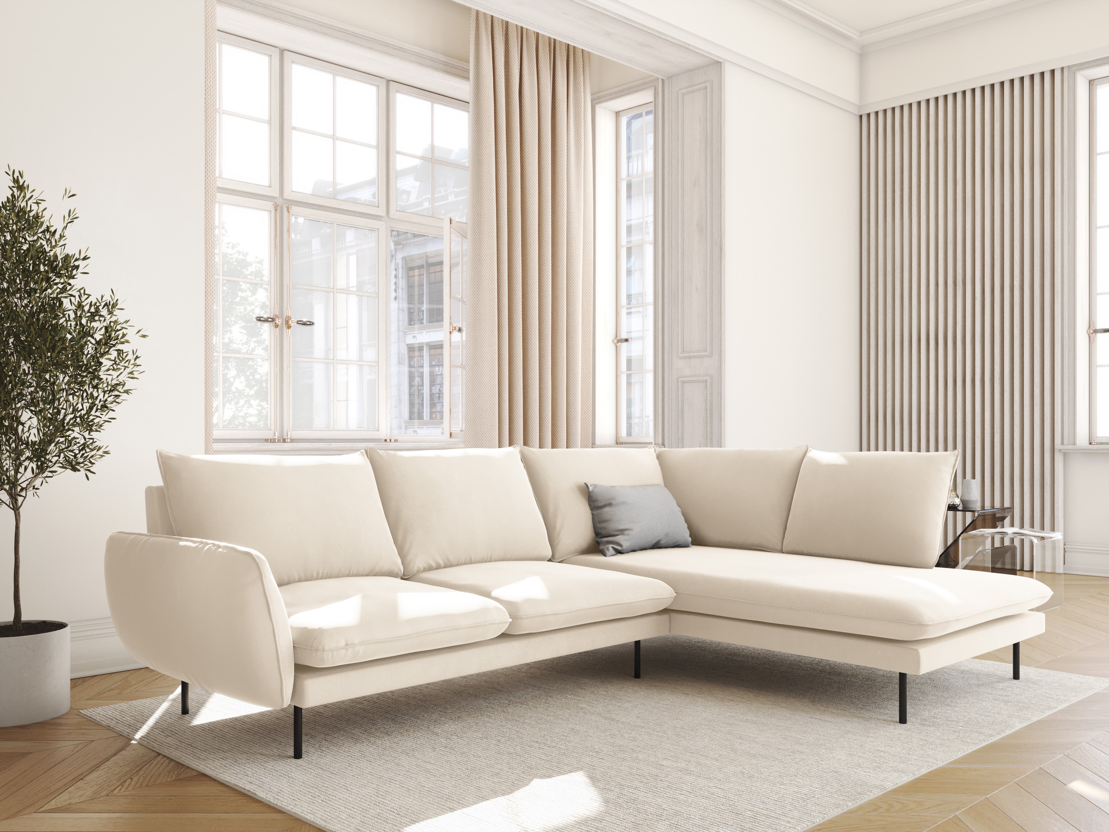 VIENNA Light Beige Velvet 6-Seater Panoramic Sofa with Black Base