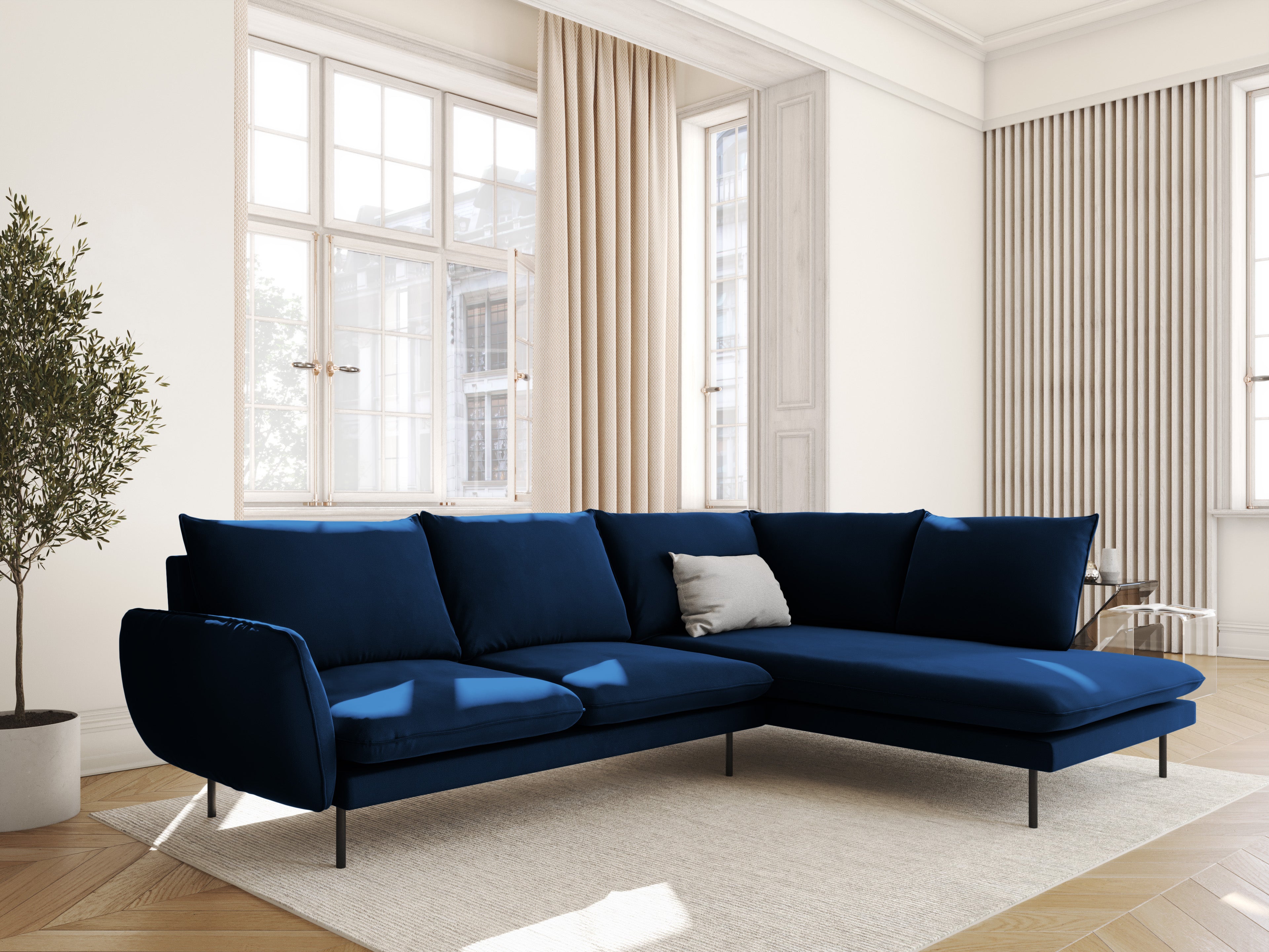 Sofa panoramisch samtig für 6 Personen VIENNA königsblau mit schwarzem Gestell